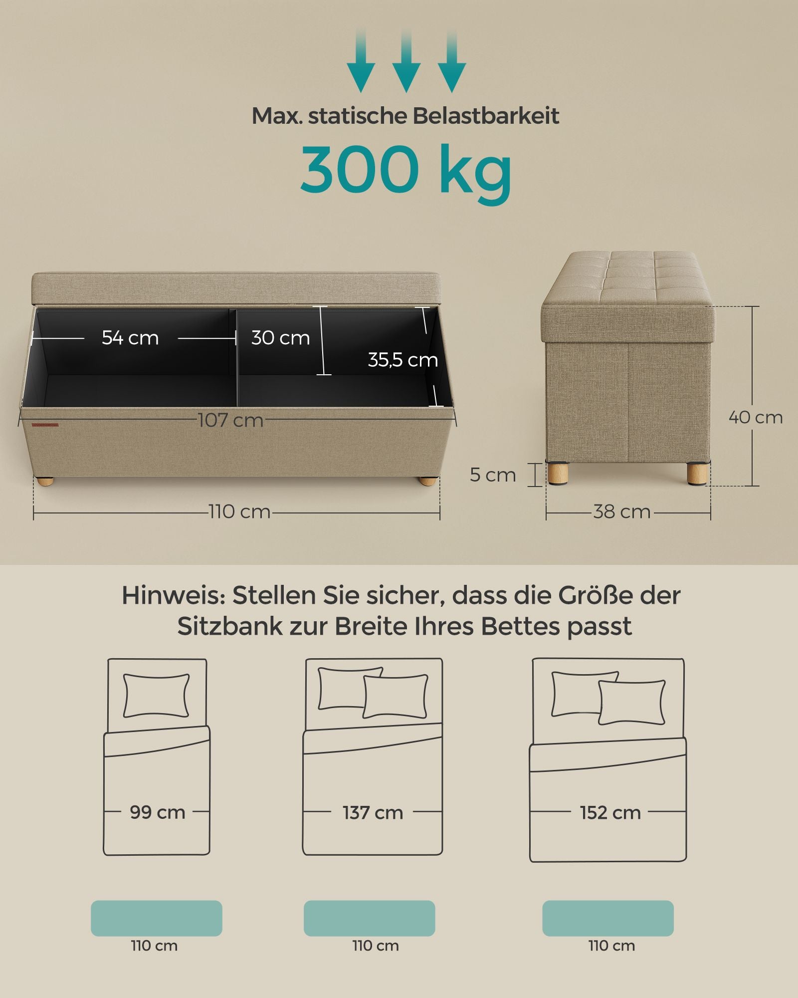 Sitzhocker mit Stauraum 38 x 110 x 40 cm kamelbraun