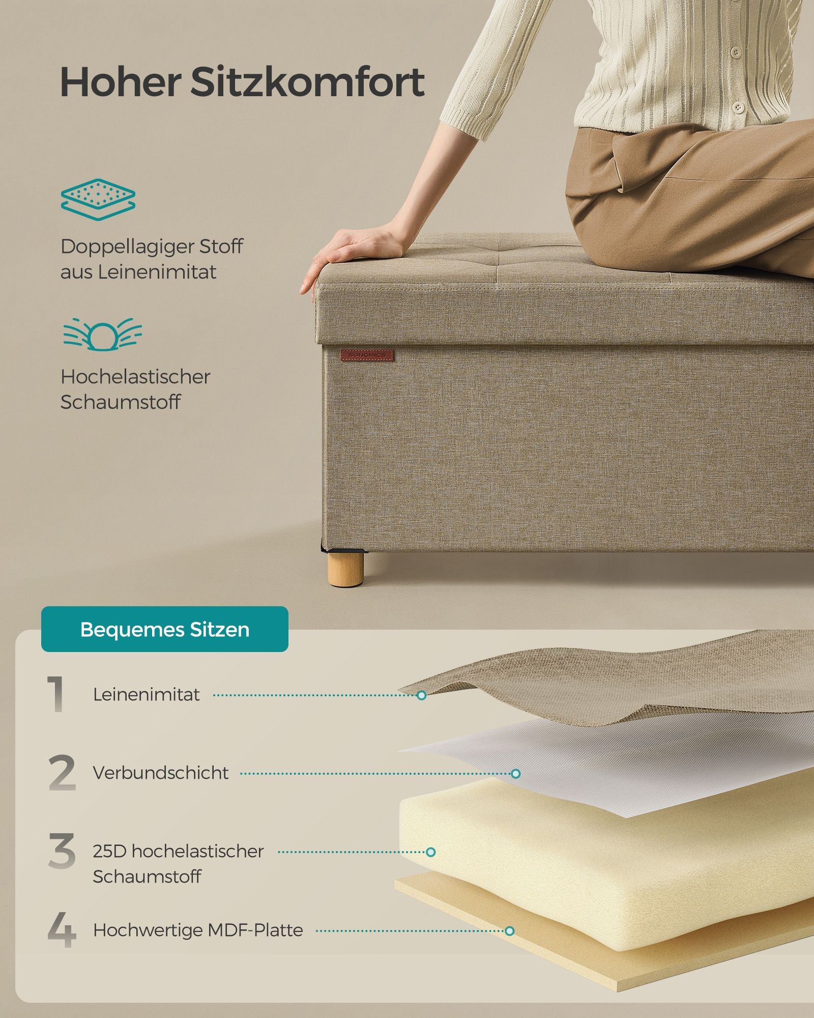 Sitzhocker mit Stauraum 38 x 110 x 40 cm kamelbraun