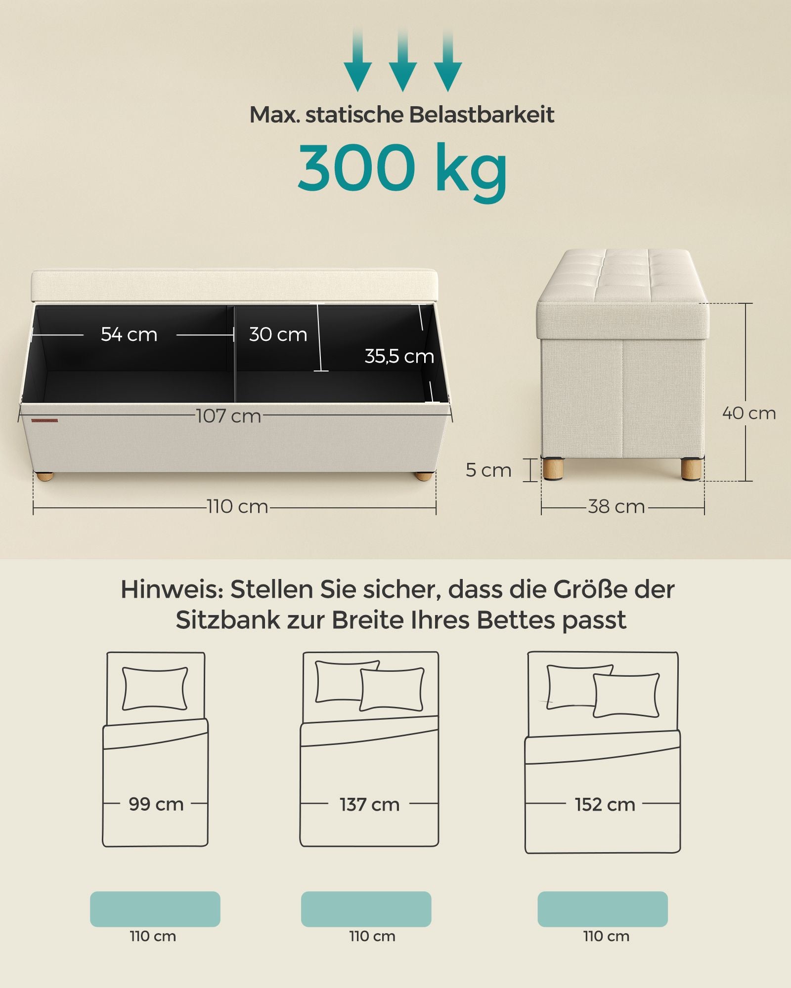 Klappbarer Sitzhocker mit Stauraum 38 x 110 x 40 cm cremeweiß