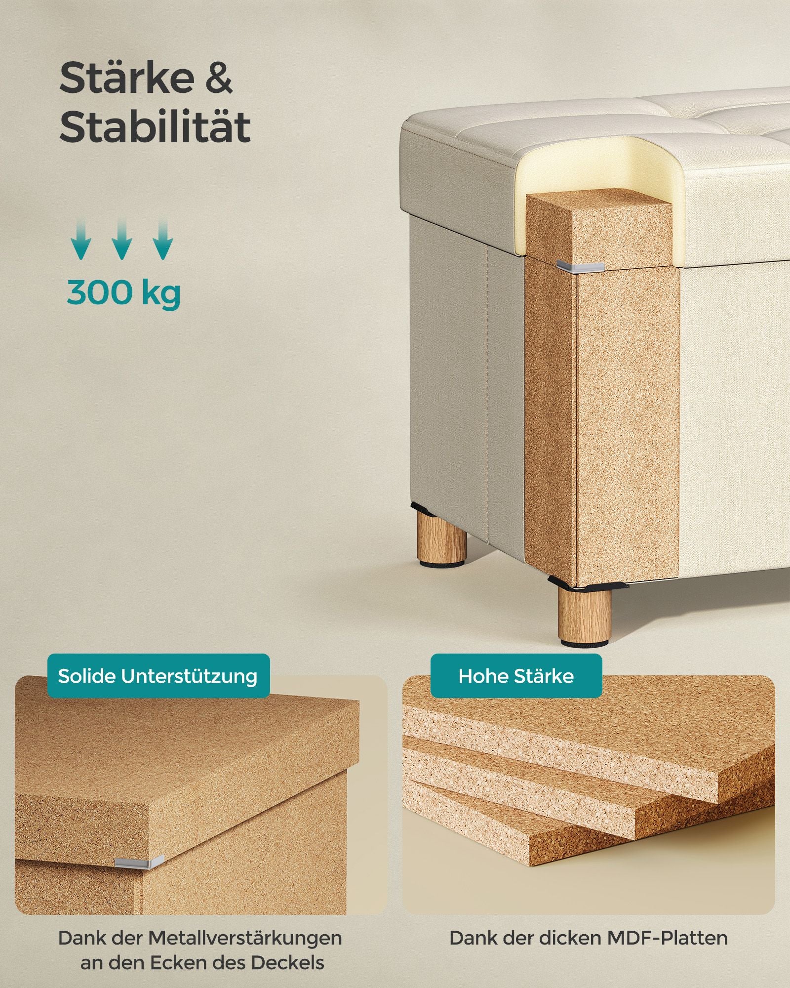 Klappbarer Sitzhocker mit Stauraum 38 x 110 x 40 cm cremeweiß