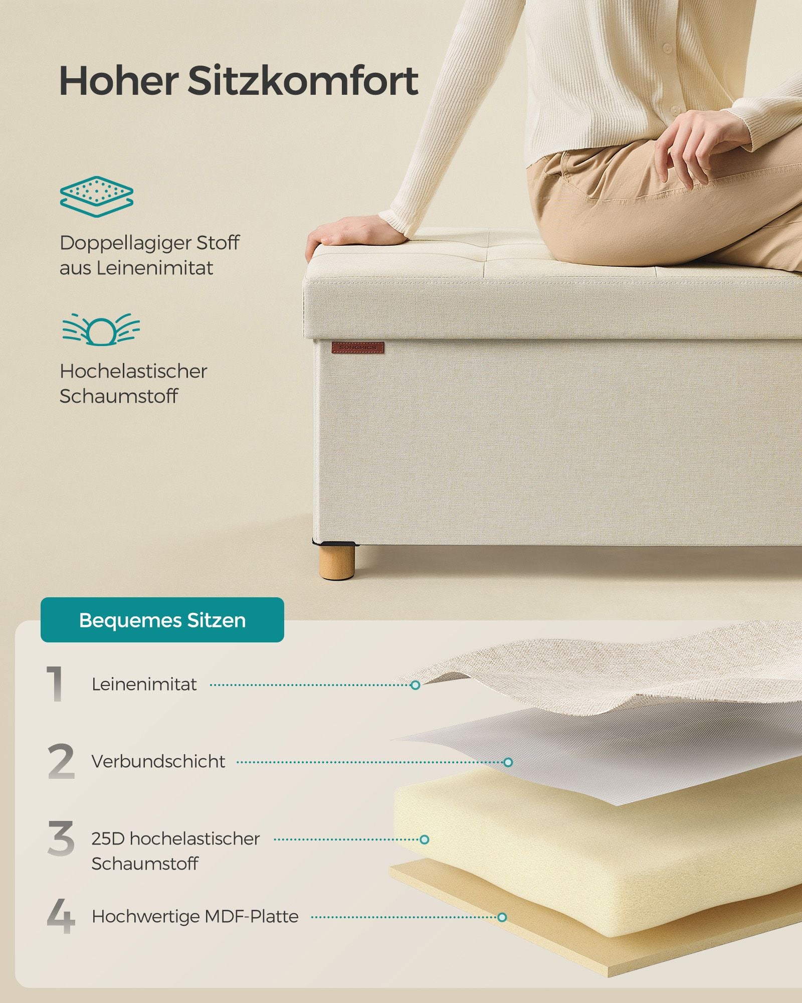 Klappbarer Sitzhocker mit Stauraum 38 x 110 x 40 cm cremeweiß