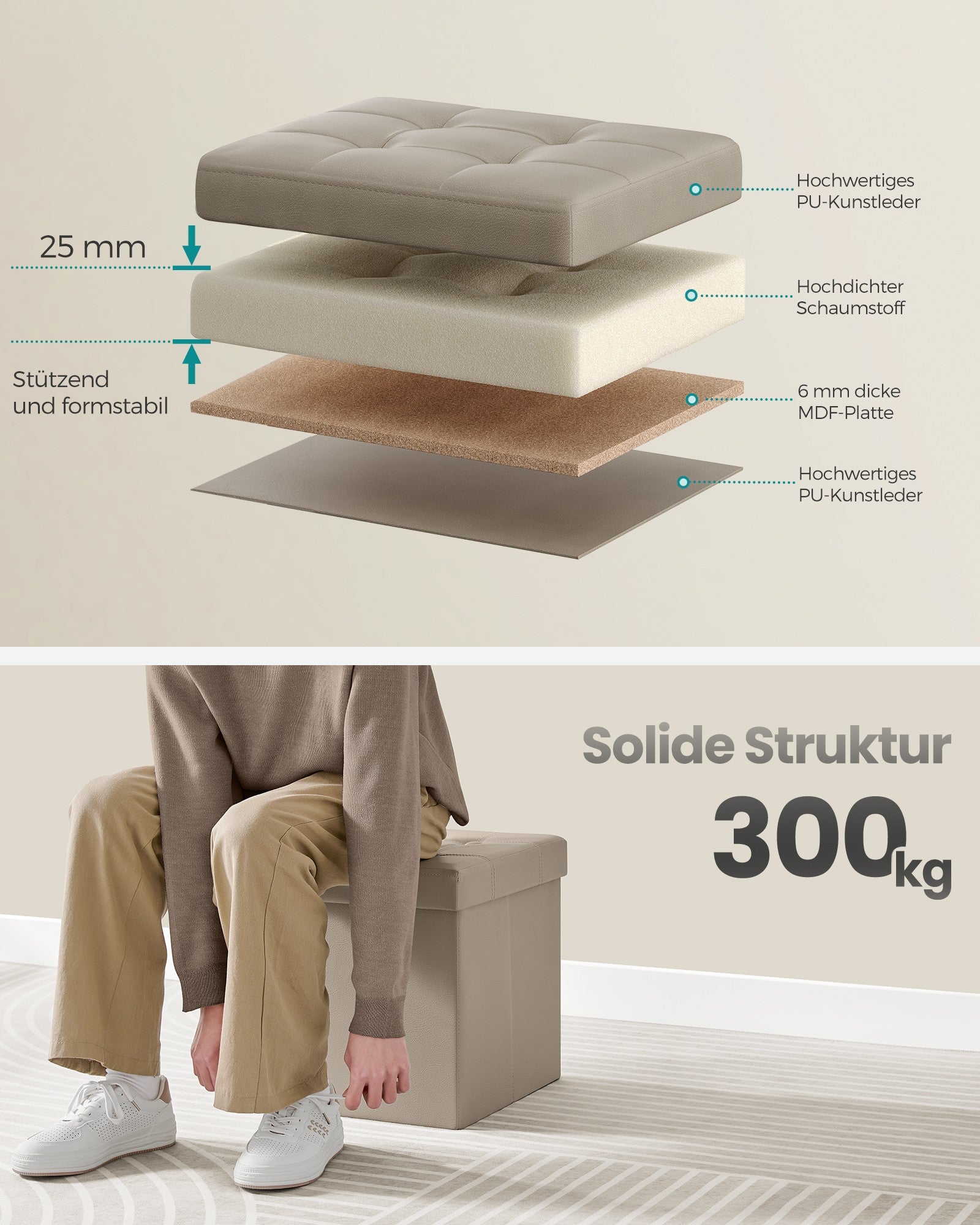 Sitzhocker hellkamel-tintenschwarz PVC-Leder 38 cm faltbar
