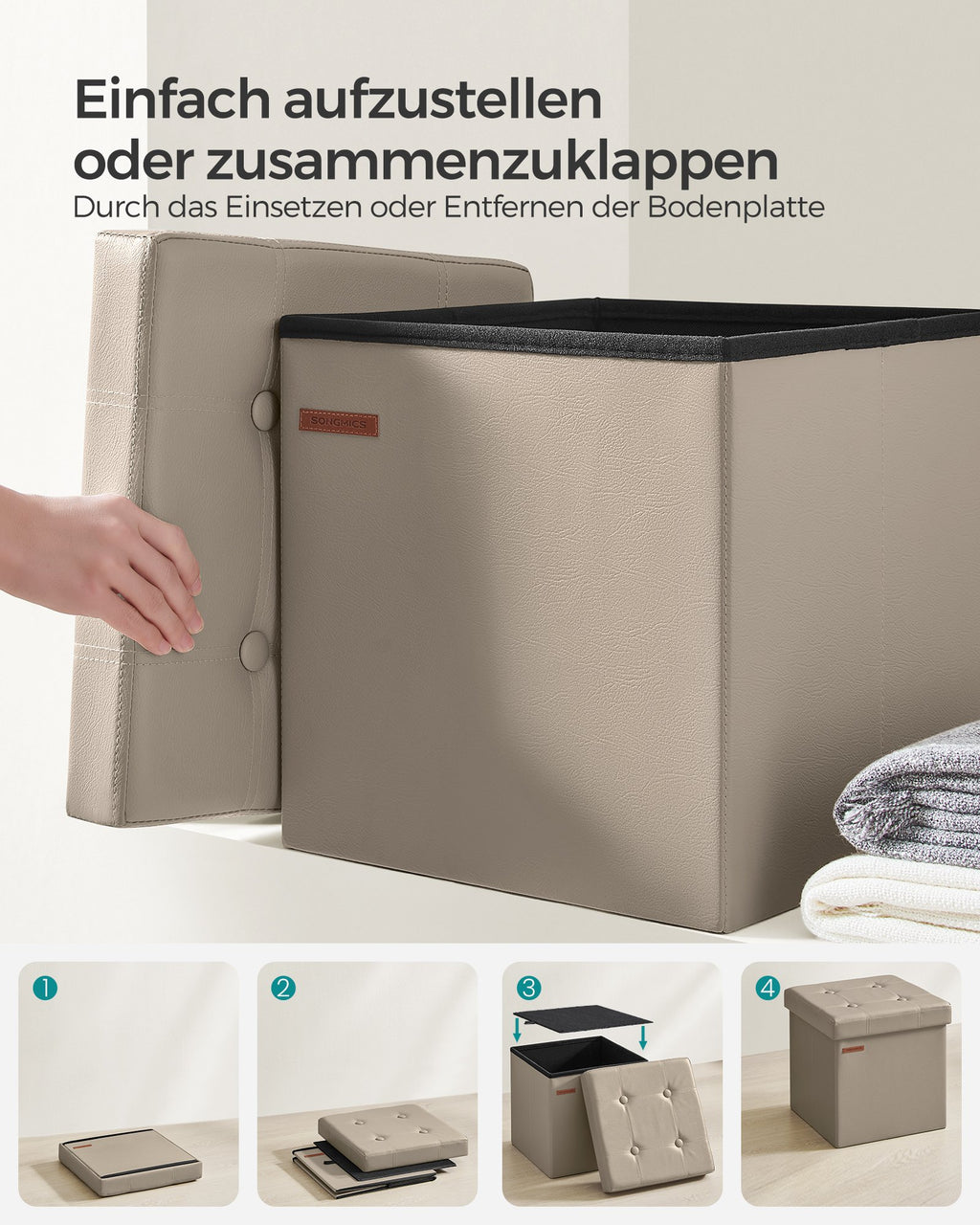 Sitzhocker hellkamel-tintenschwarz PVC-Leder 38 cm faltbar