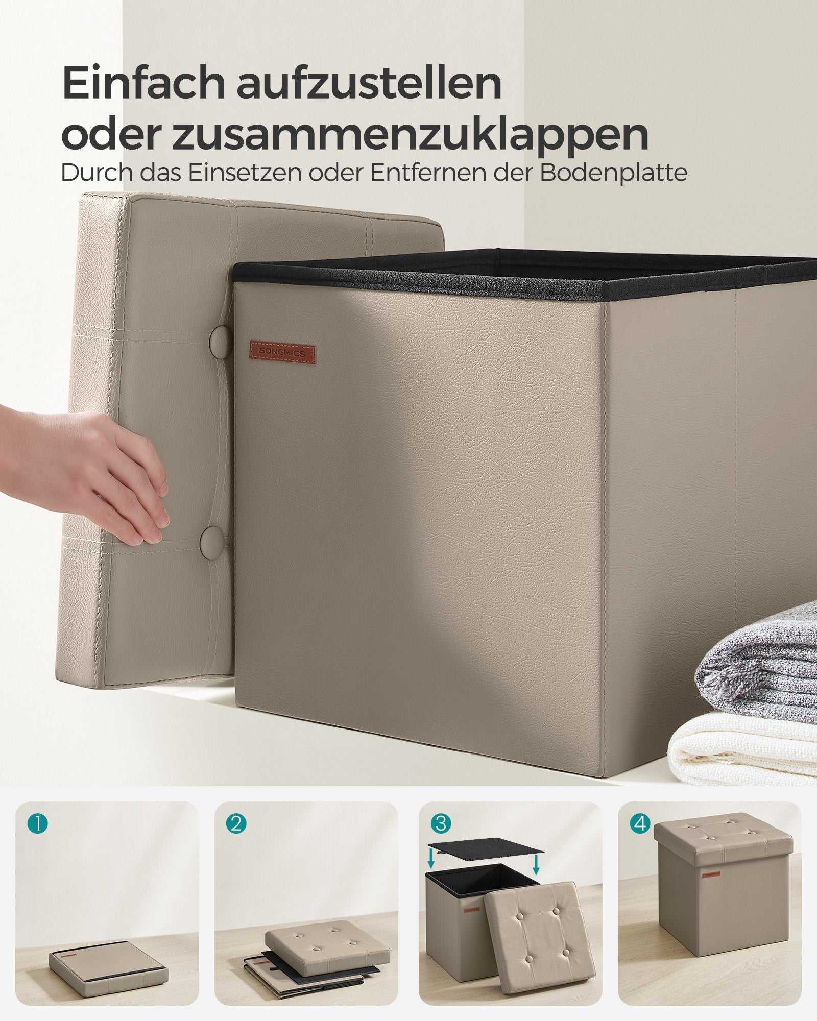 Sitzhocker hellkamel-tintenschwarz PVC-Leder 38 cm faltbar