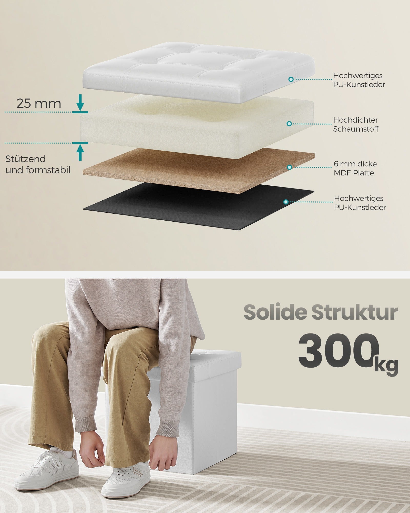 Sitzhocker wolkenweiß-tintenschwarz Kunstleder 38 cm faltbar