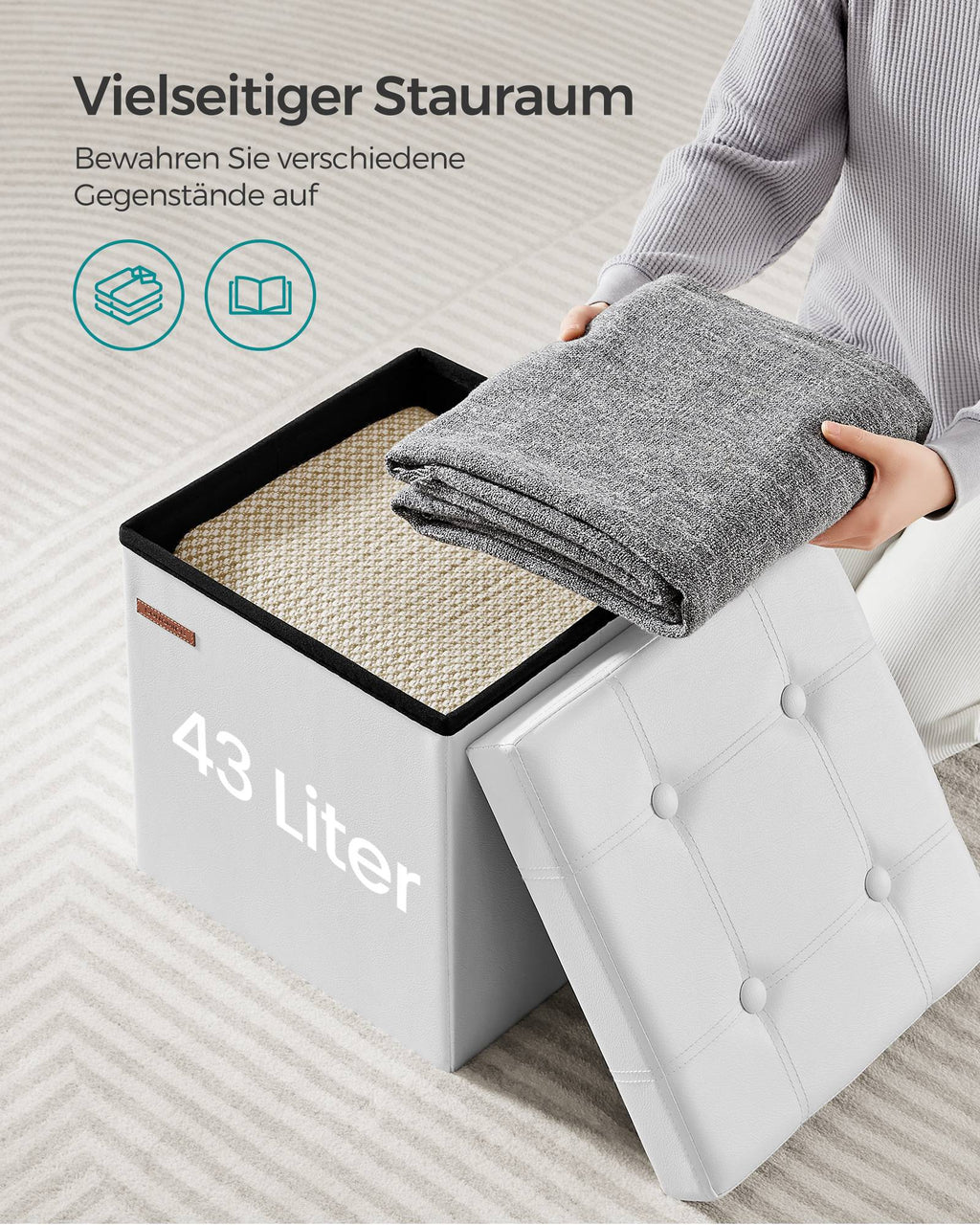 Sitzhocker wolkenweiß-tintenschwarz Kunstleder 38 cm faltbar