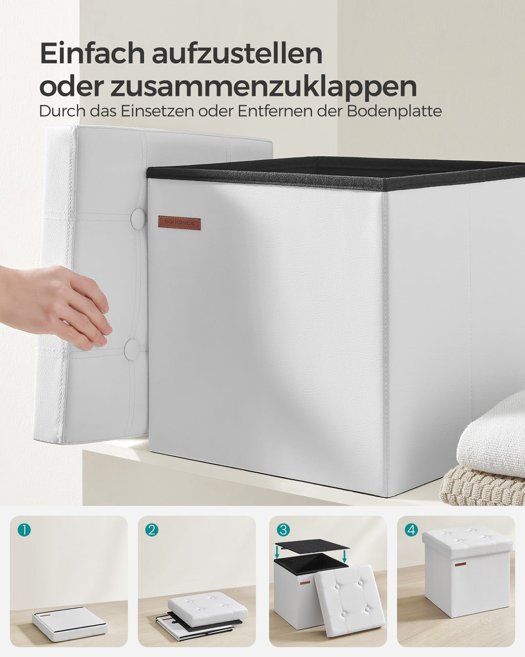 Sitzhocker wolkenweiß-tintenschwarz Kunstleder 38 cm faltbar