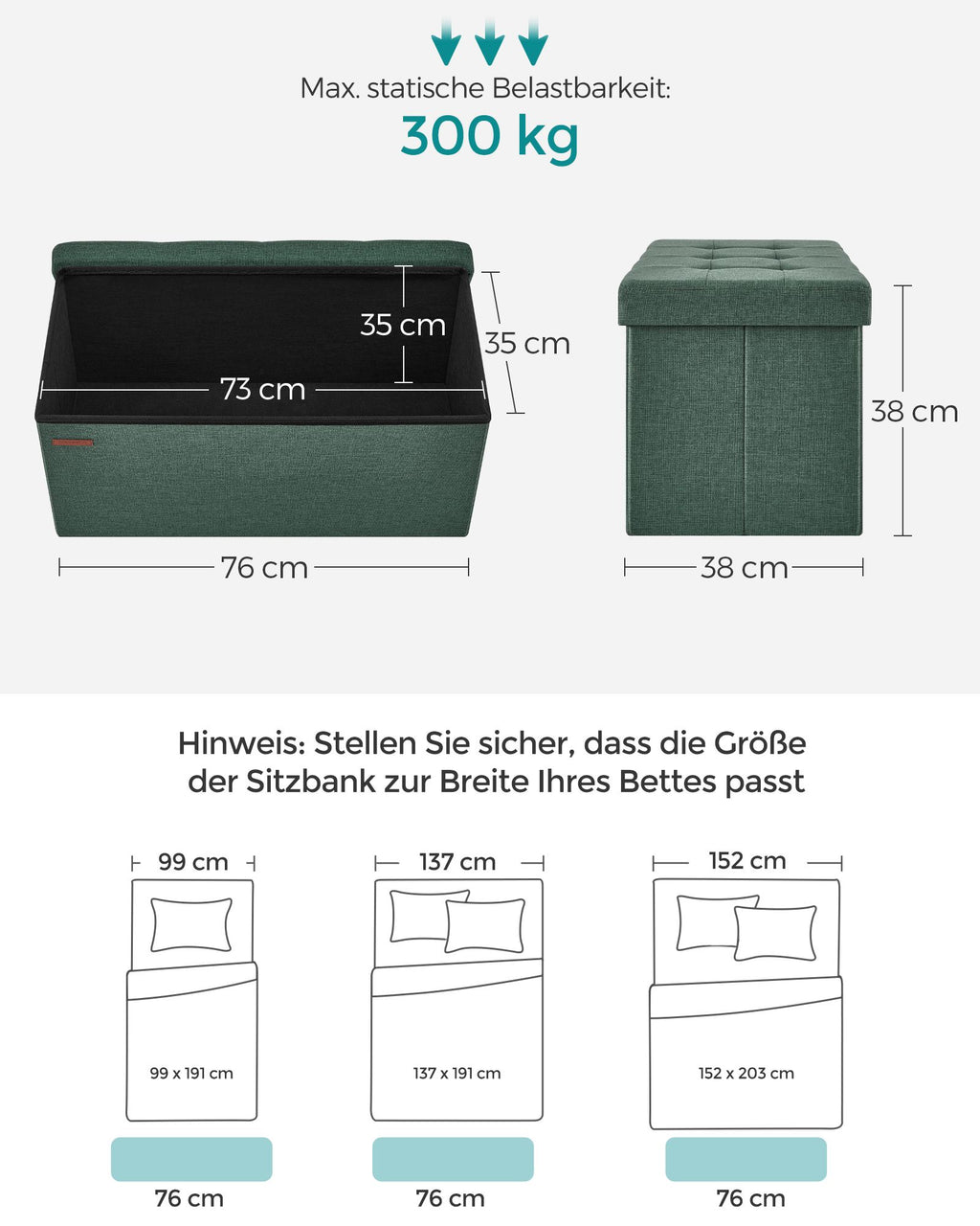 Sitzhocker mit Stauraum 38 x 76 x 38 cm vintagegrün