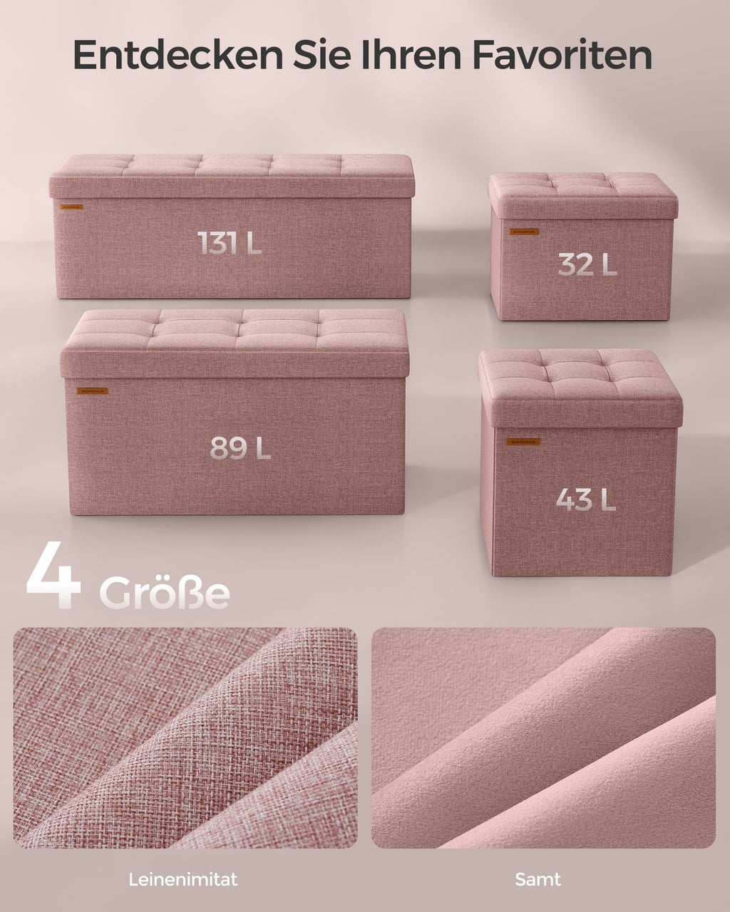Sitzhocker mit Stauraum 38 x 76 x 38 cm pastellrosa