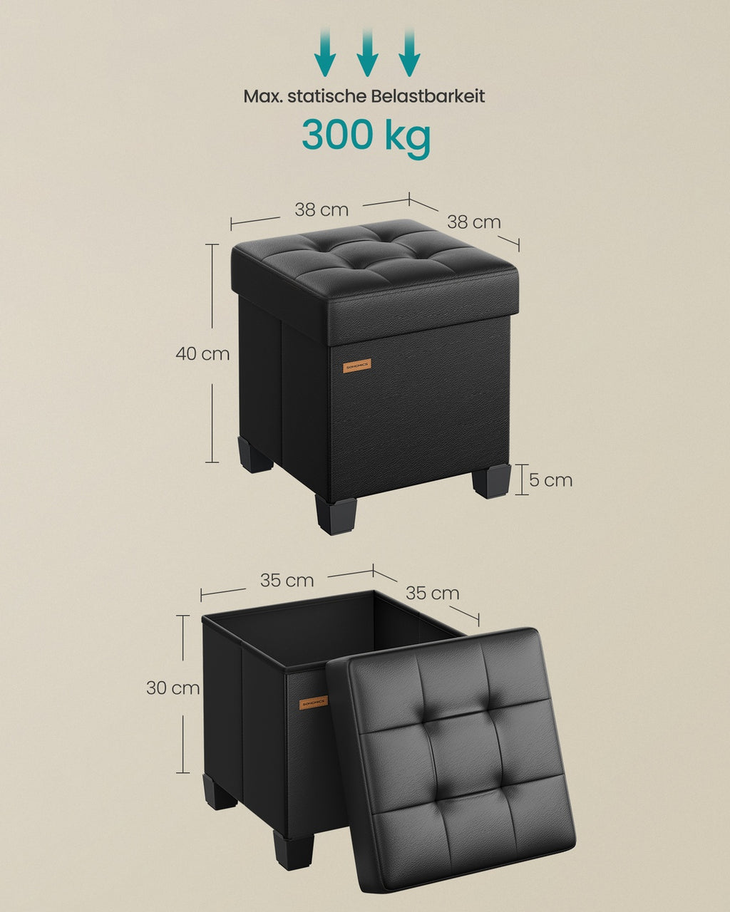 Sitzhocker tintenschwarz klappbar 38x38x40 cm mit Stauraum
