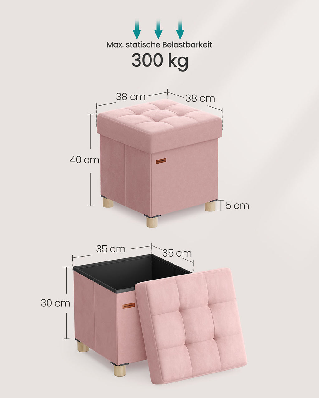 Sitzbank mit Stauraum 38 x 38 x 40 cm Fußhocker 37 L pastellrosa