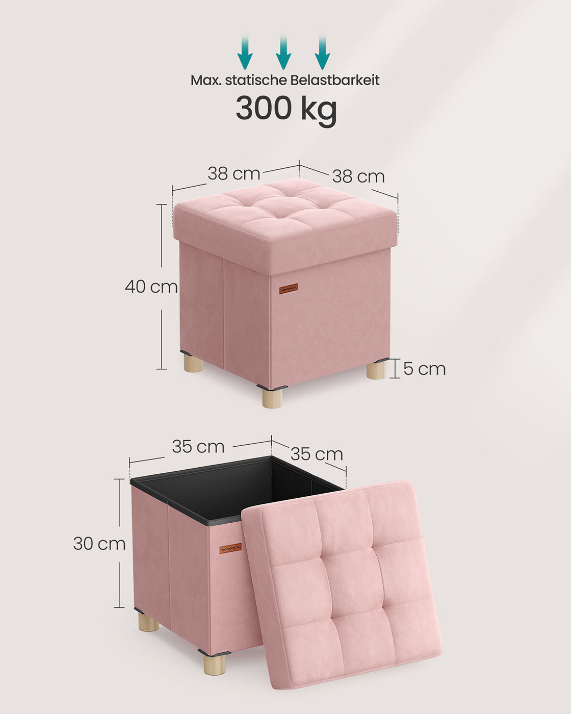 Sitzbank mit Stauraum 38 x 38 x 40 cm Fußhocker 37 L pastellrosa