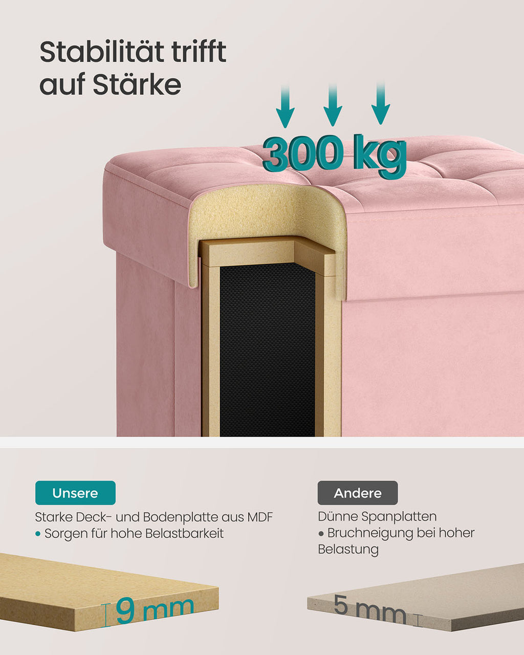 Sitzbank mit Stauraum 38 x 38 x 40 cm Fußhocker 37 L pastellrosa