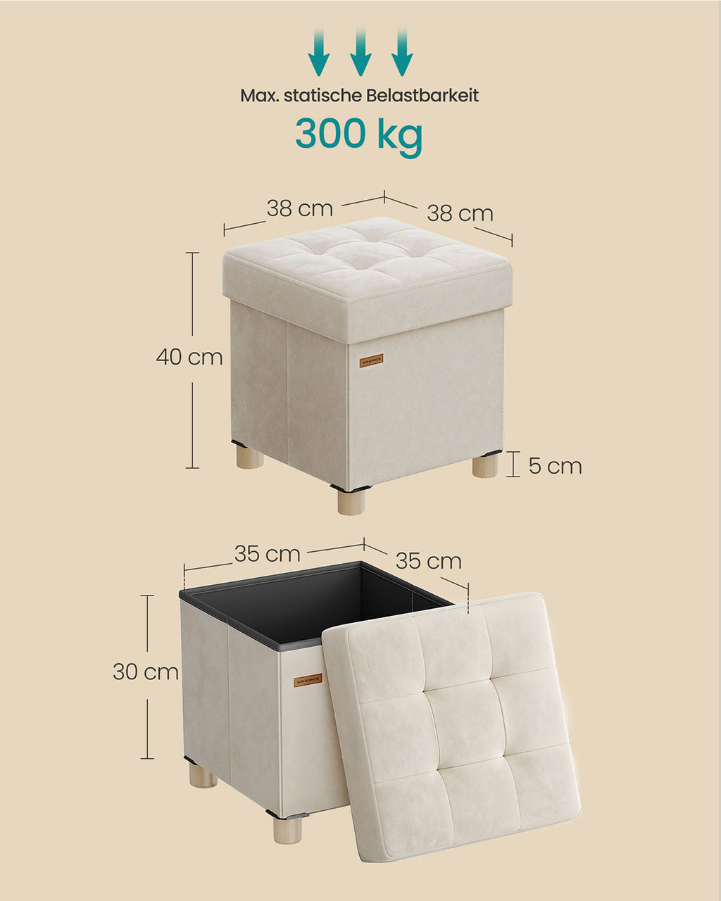 Sitzbank mit Stauraum 38 x 38 x 40 cm Fußhocker 37 L cappuccinobeige