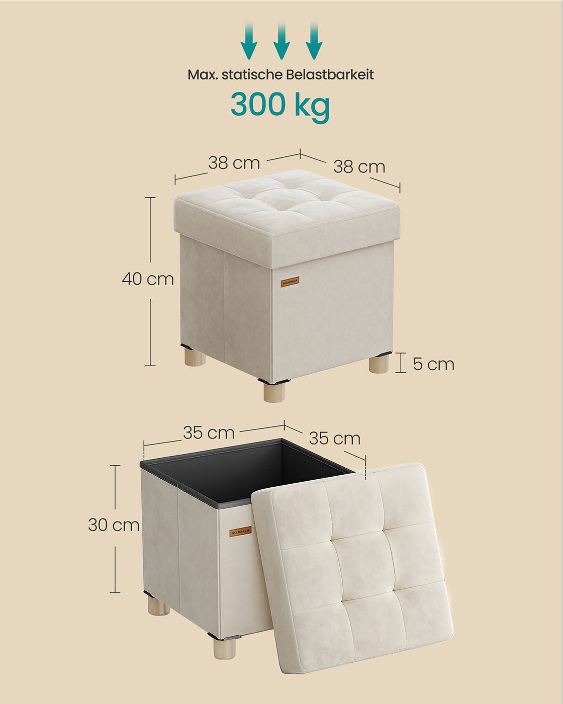 Sitzbank mit Stauraum 38 x 38 x 40 cm Fußhocker 37 L cappuccinobeige