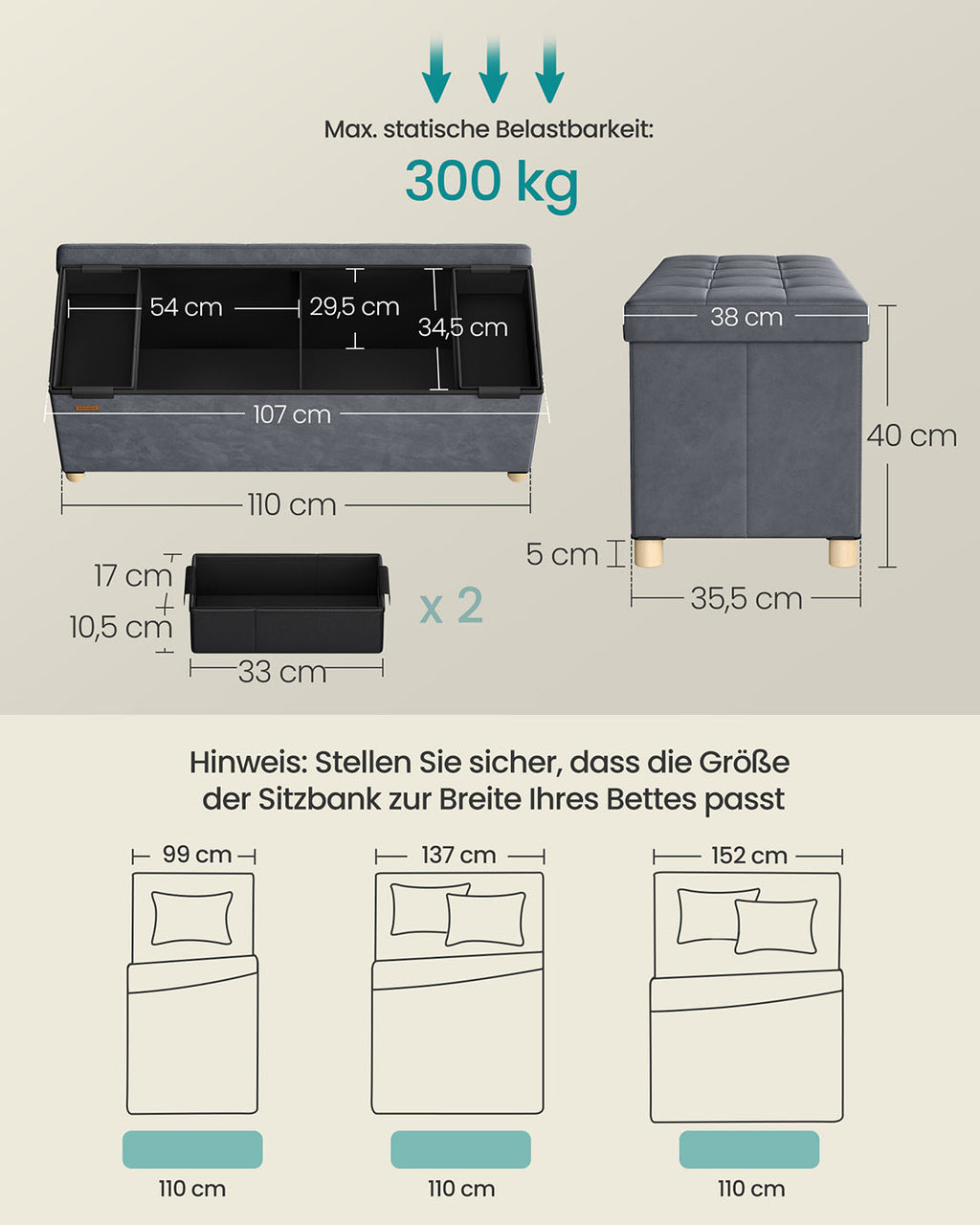 Sitzbank mit Stauraum 38 x 110 x 40 cm Fußhocker 112 L schiefergrau