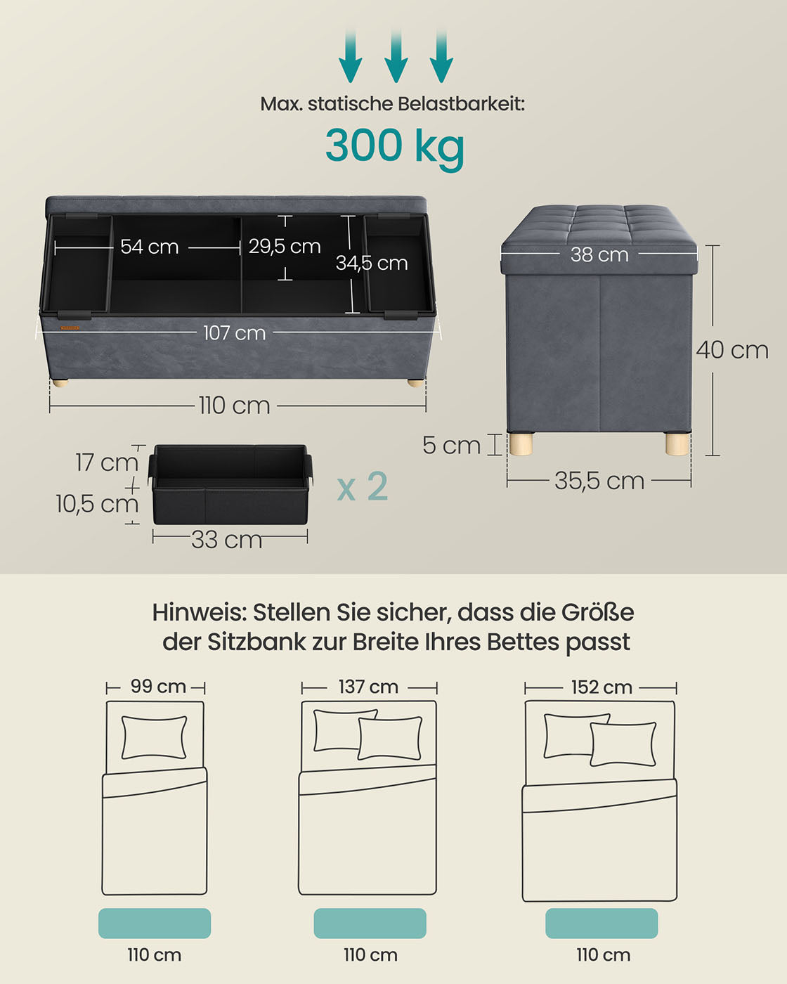 Sitzbank mit Stauraum 38 x 110 x 40 cm Fußhocker 112 L schiefergrau