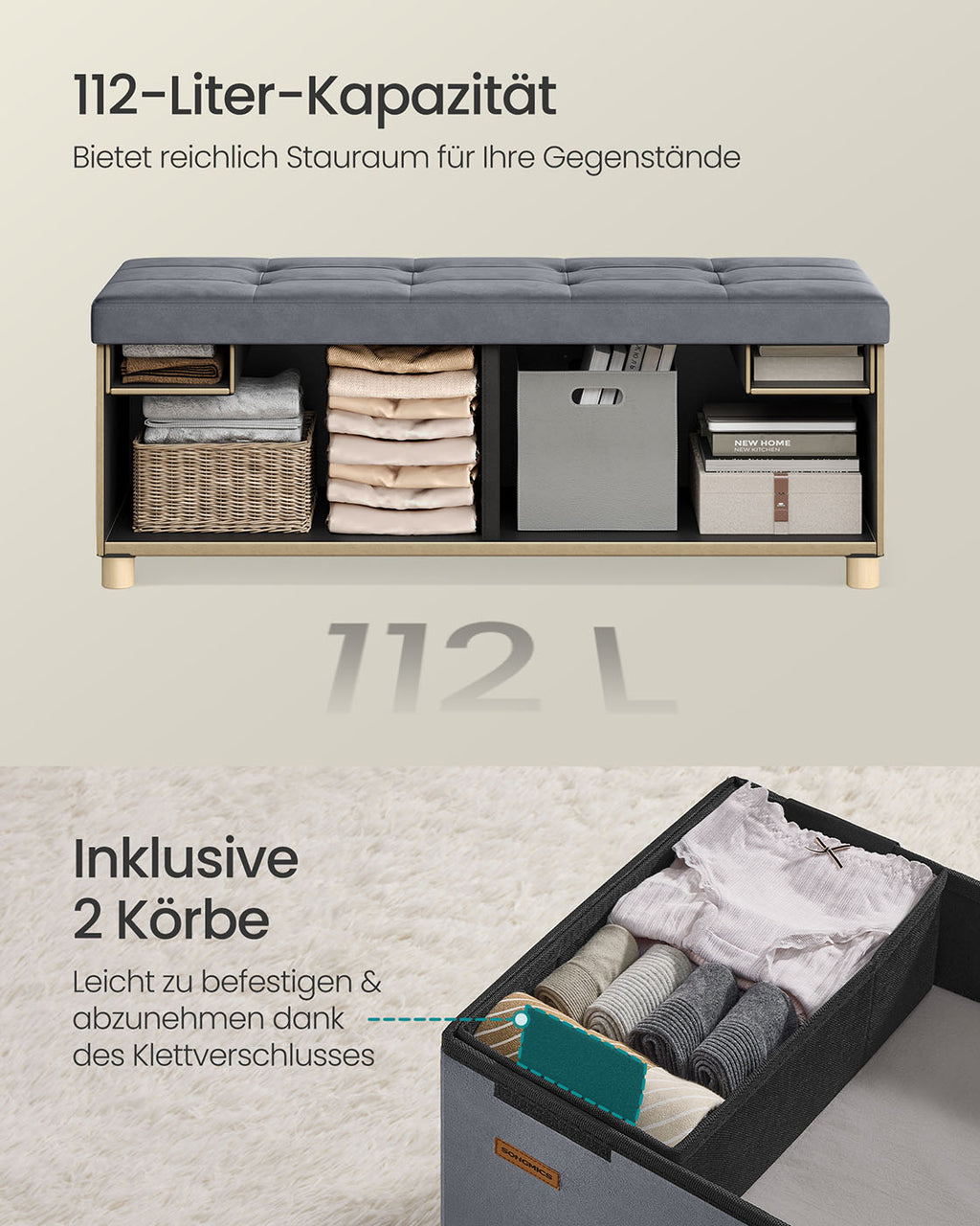 Sitzbank mit Stauraum 38 x 110 x 40 cm Fußhocker 112 L schiefergrau