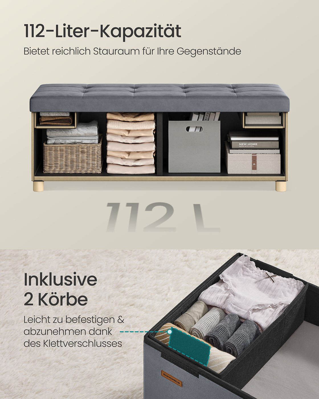 Sitzbank mit Stauraum 38 x 110 x 40 cm Fußhocker 112 L schiefergrau