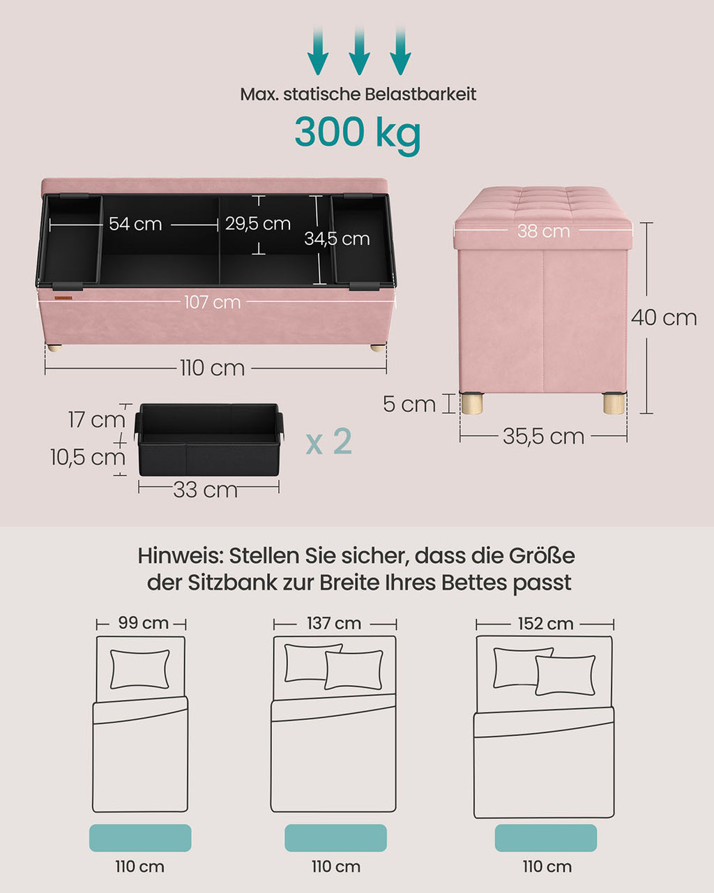 Sitzbank mit Stauraum 38 x 110 x 40 cm Fußhocker 112 L pastellrosa