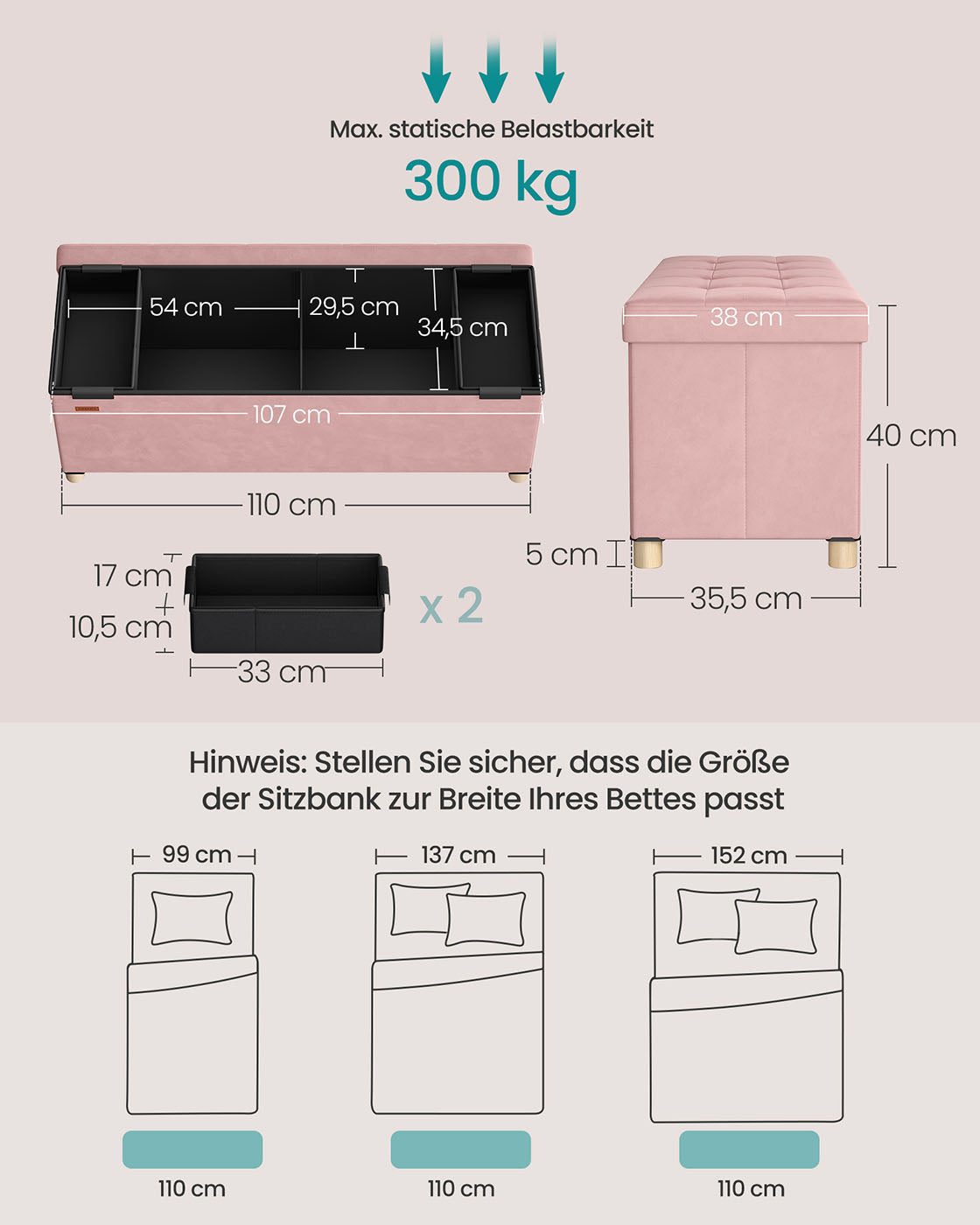 Sitzbank mit Stauraum 38 x 110 x 40 cm Fußhocker 112 L pastellrosa