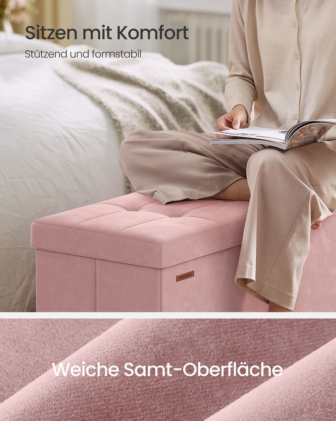 Sitzbank mit Stauraum 38 x 110 x 40 cm Fußhocker 112 L pastellrosa