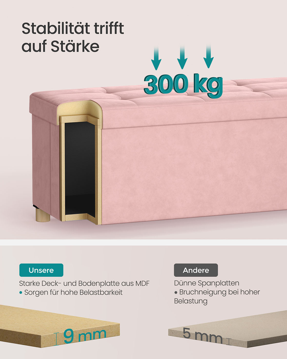 Sitzbank mit Stauraum 38 x 110 x 40 cm Fußhocker 112 L pastellrosa