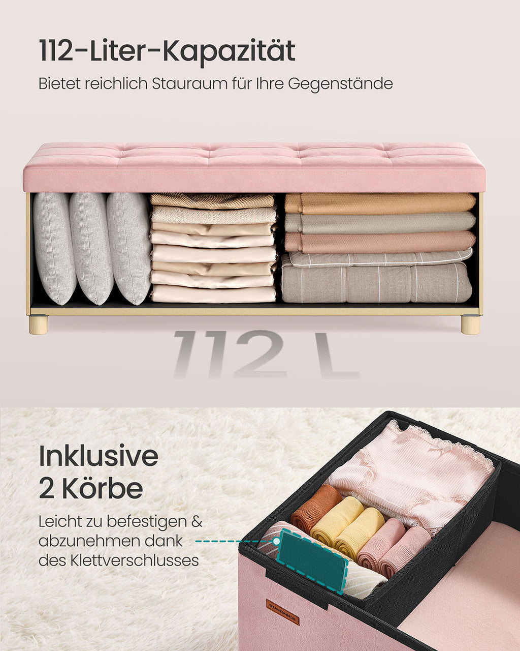 Sitzbank mit Stauraum 38 x 110 x 40 cm Fußhocker 112 L pastellrosa