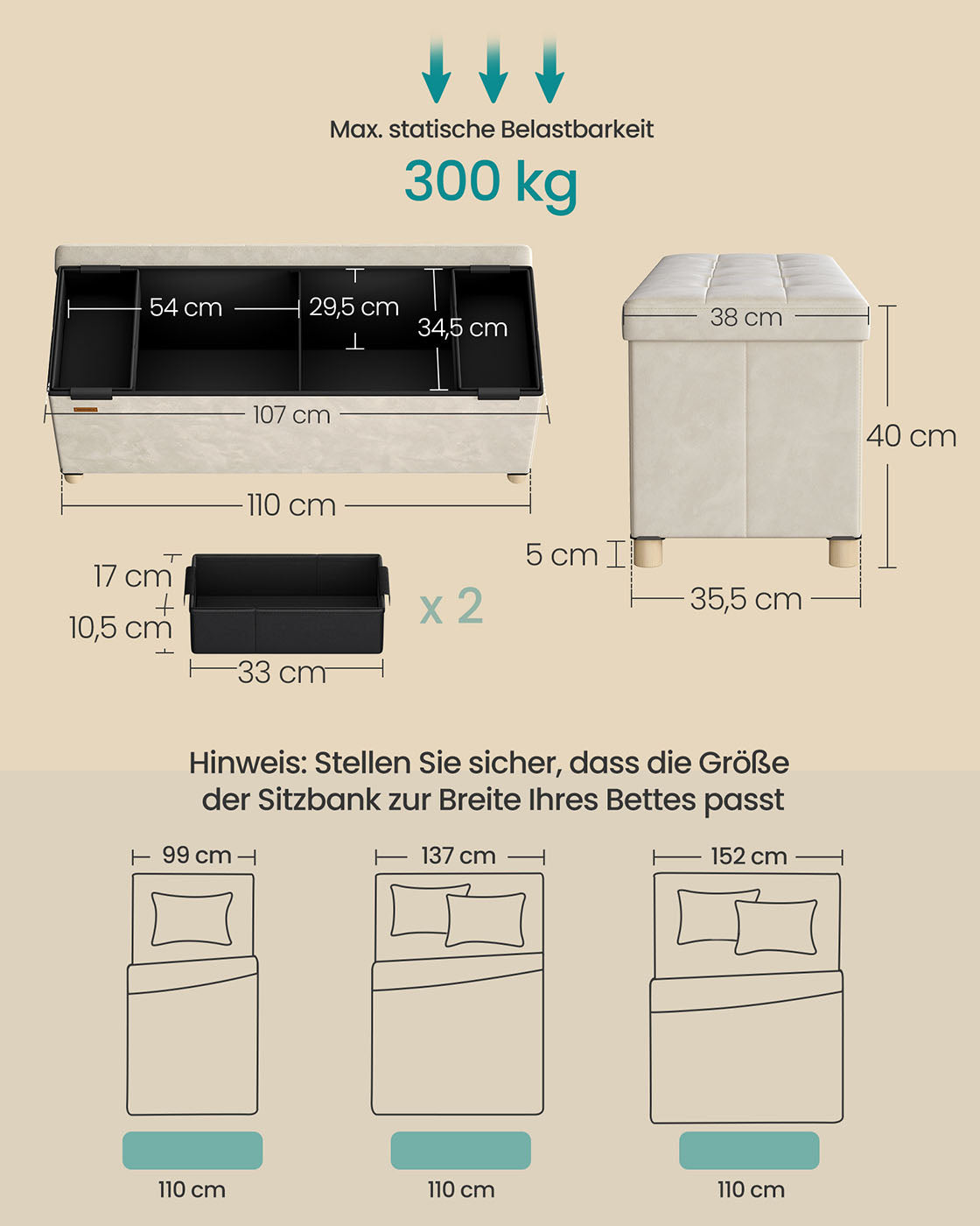 Sitzbank mit Stauraum 38 x 110 x 40 cm Fußhocker 112 L cappuccinobeige