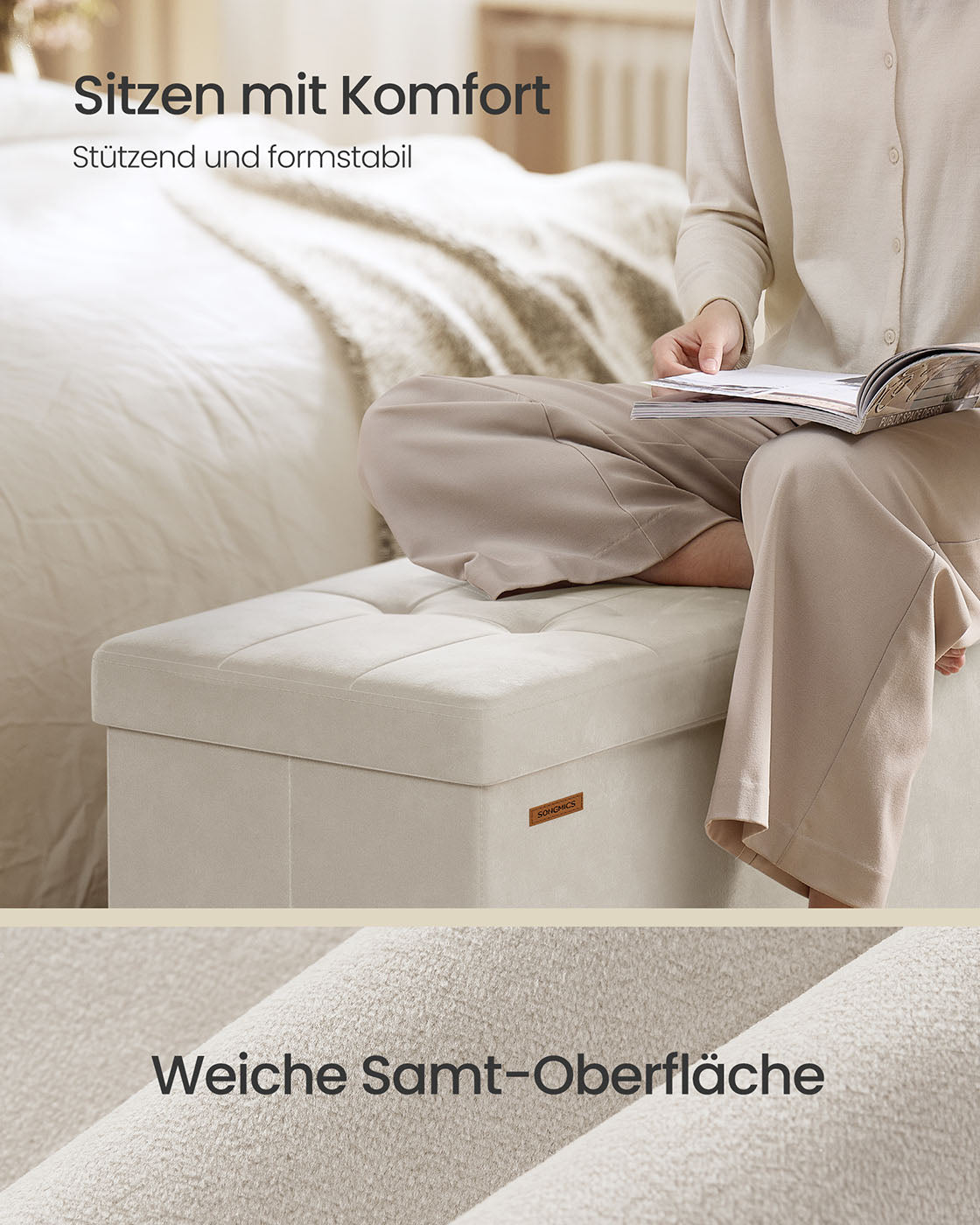 Sitzbank mit Stauraum 38 x 110 x 40 cm Fußhocker 112 L cappuccinobeige