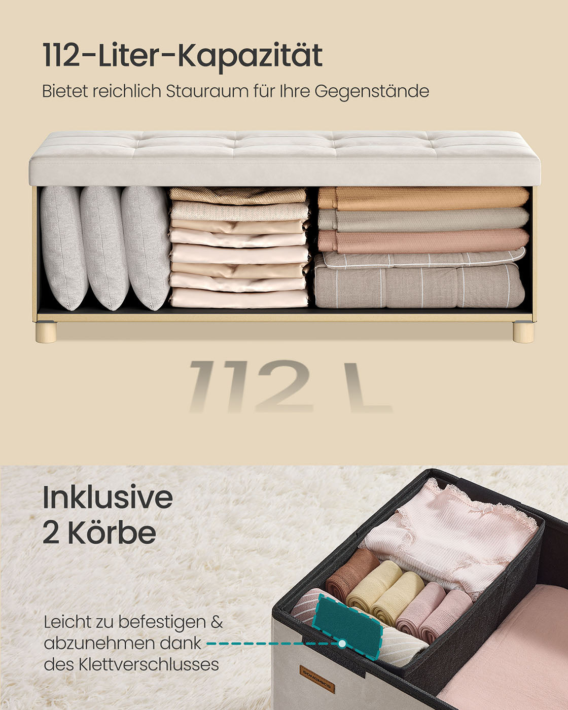 Sitzbank mit Stauraum 38 x 110 x 40 cm Fußhocker 112 L cappuccinobeige
