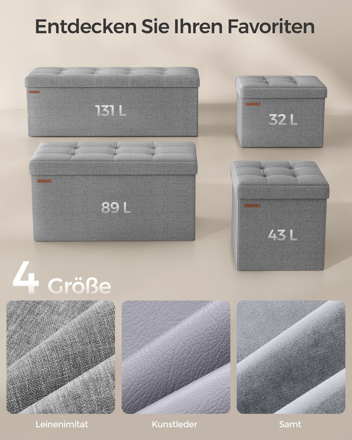 Sitzbank mit Stauraum faltbar 110 x 38 x 38 cm Hellgrau