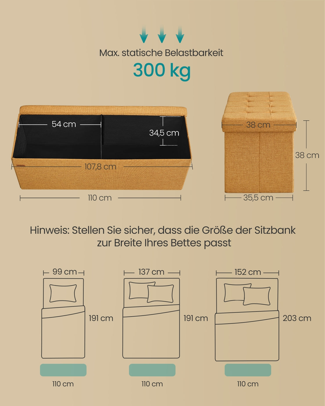 Sitzhocker mit Stauraum 38 x 110 x 38 cm ingwergelb