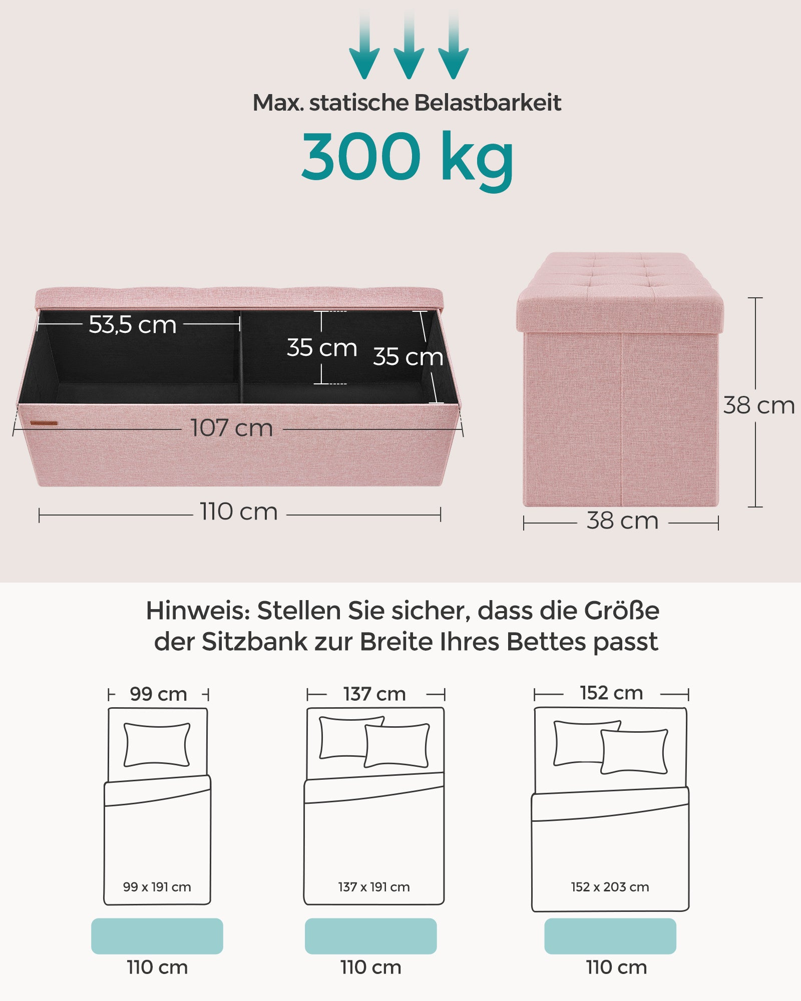 Sitzhocker mit Stauraum 38 x 110 x 38 cm pastellrosa