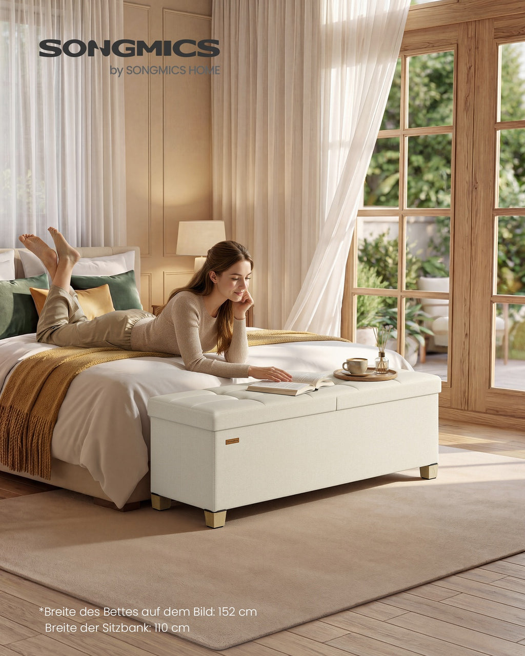 Sitzbank mit Stauraum hellbeige Leinenoptik 110 cm faltbar