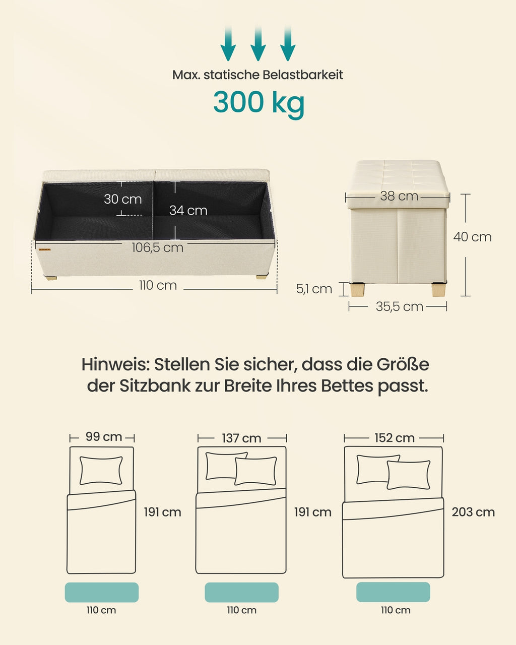 Sitzbank mit Stauraum hellbeige Leinenoptik 110 cm faltbar