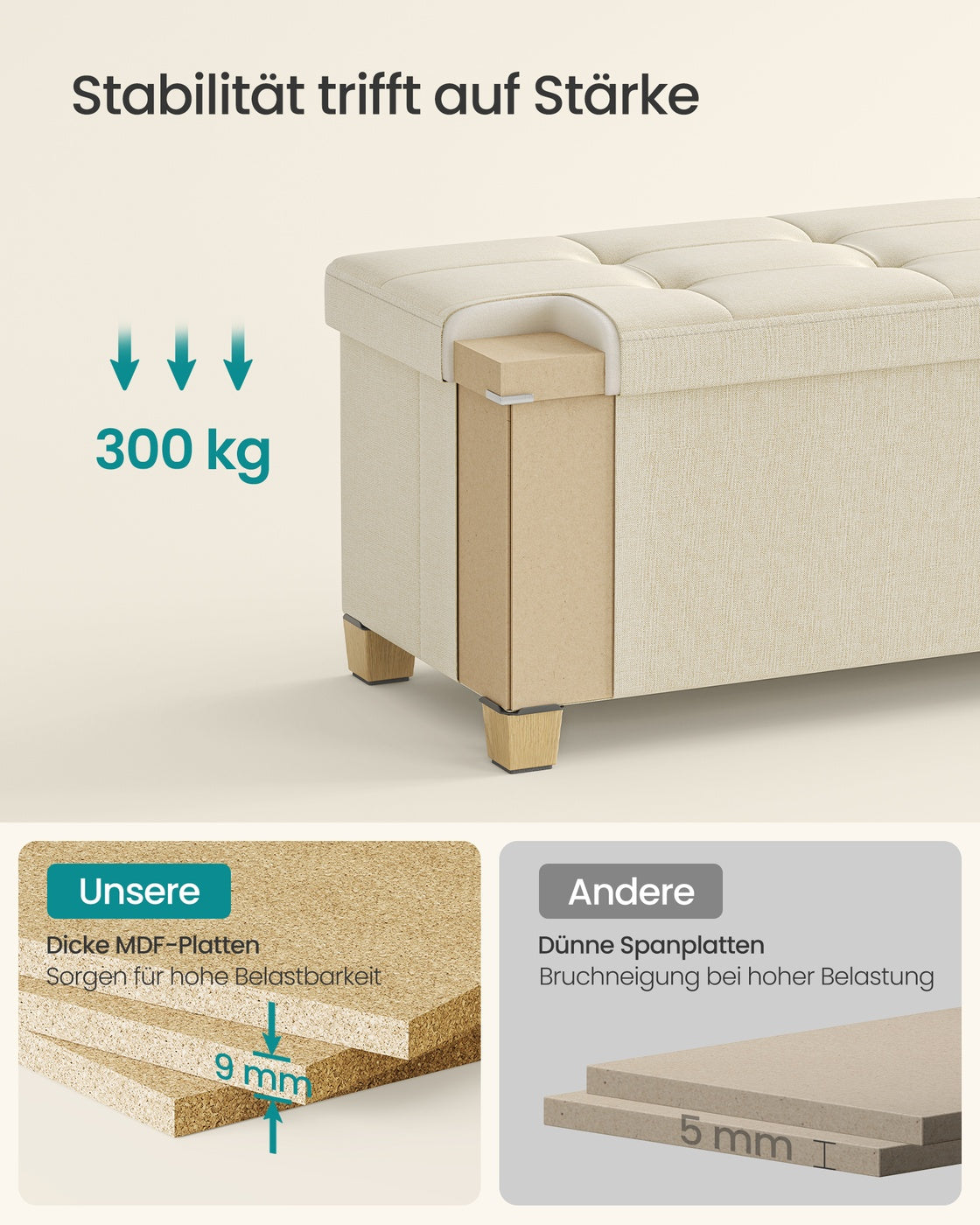 Sitzbank mit Stauraum hellbeige Leinenoptik 110 cm faltbar