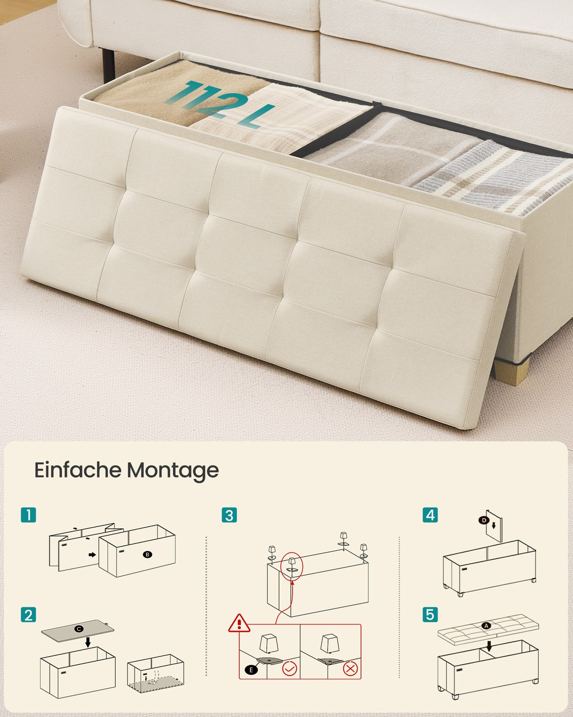 Sitzbank mit Stauraum hellbeige Leinenoptik 110 cm faltbar