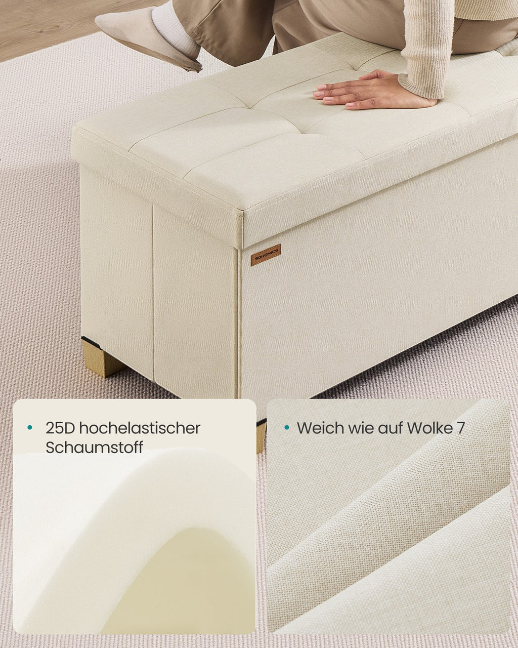 Sitzbank mit Stauraum hellbeige Leinenoptik 110 cm faltbar