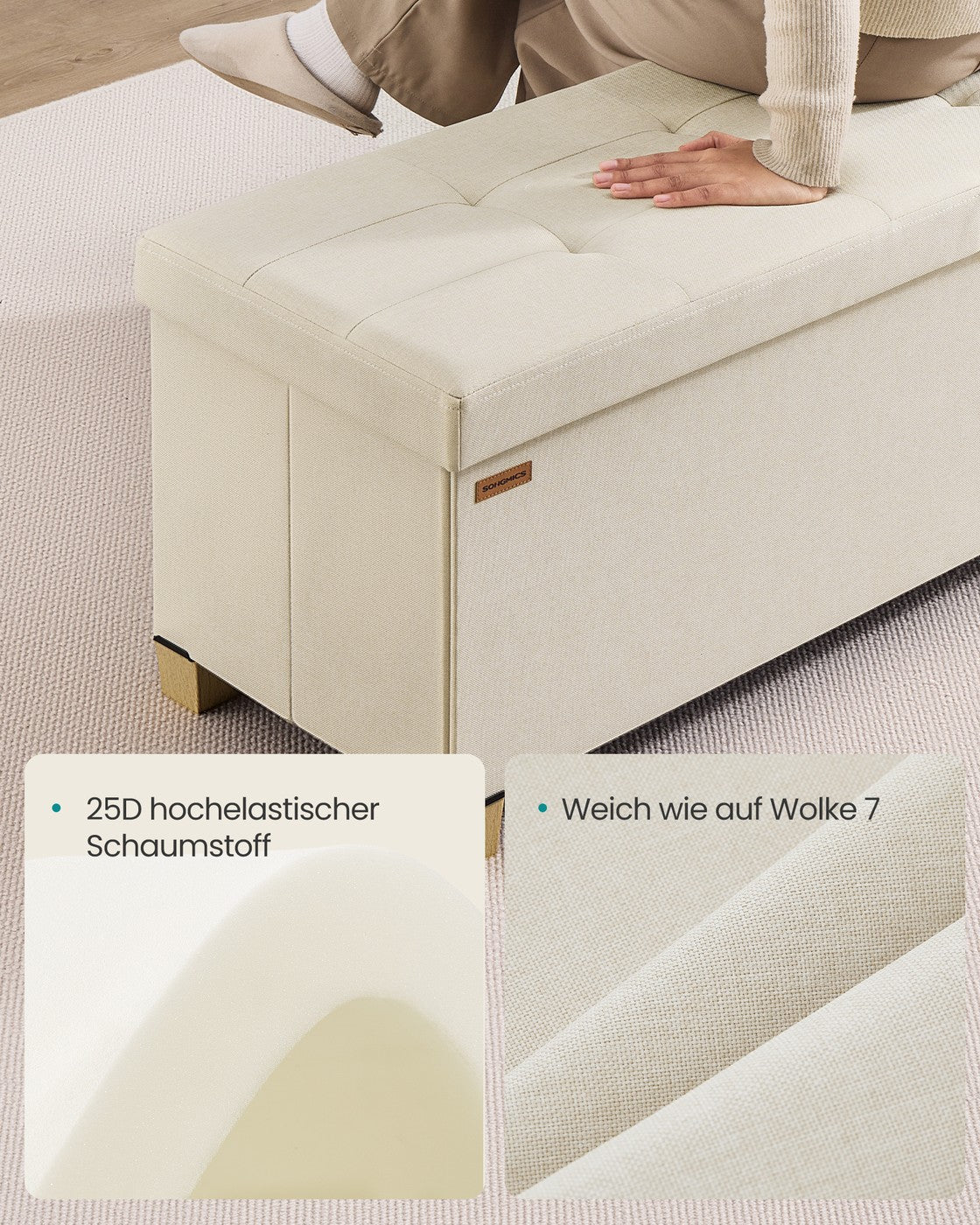 Sitzbank mit Stauraum hellbeige Leinenoptik 110 cm faltbar