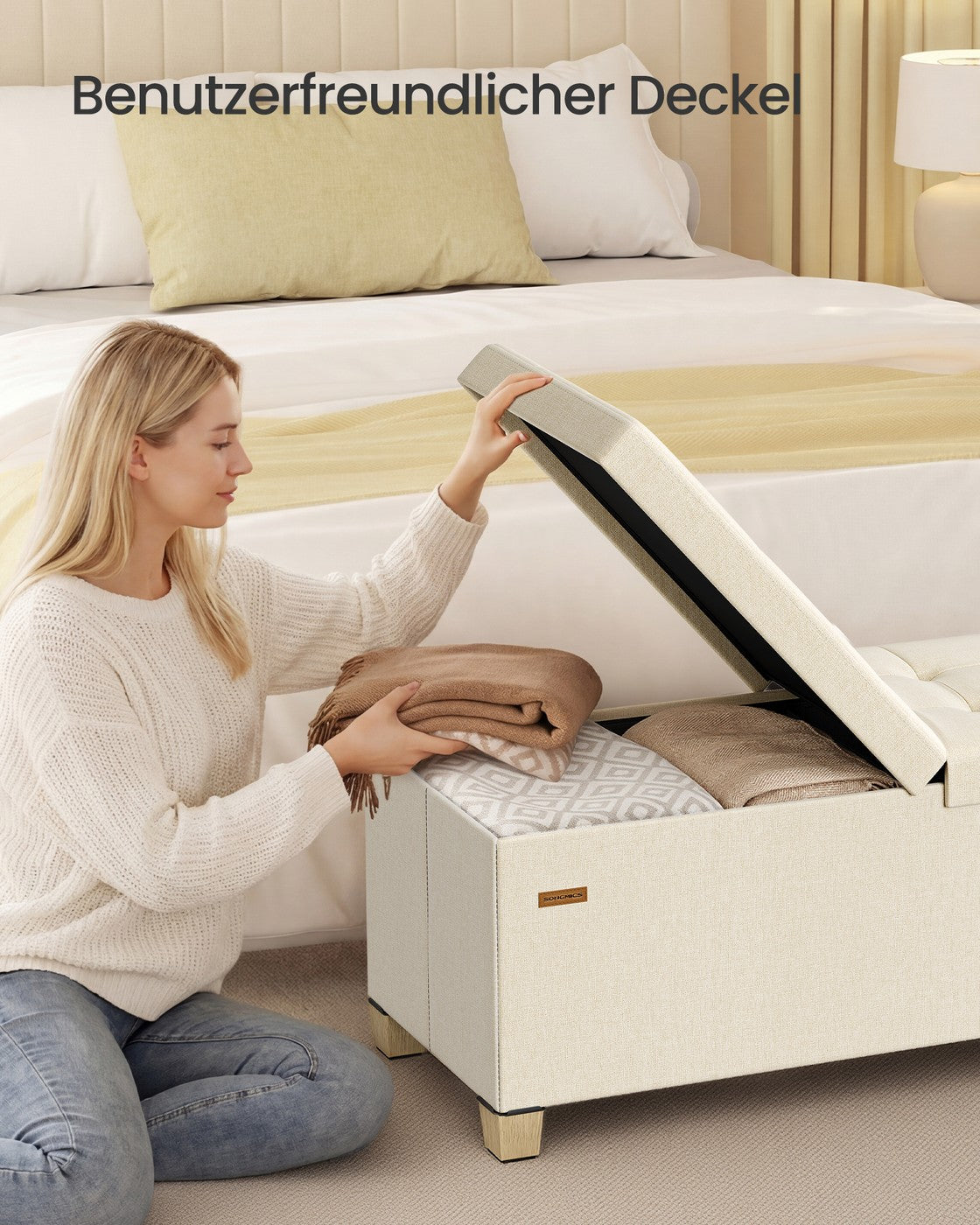 Sitzbank mit Stauraum hellbeige Leinenoptik 110 cm faltbar