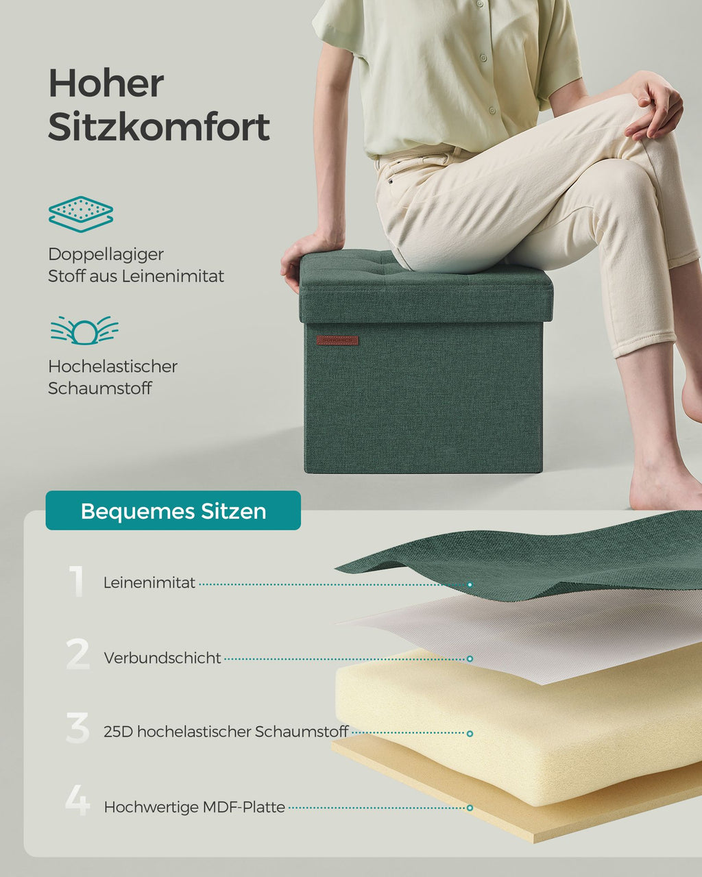 Sitzhocker mit Stauraum bis 130 kg belastbar vintagegrün