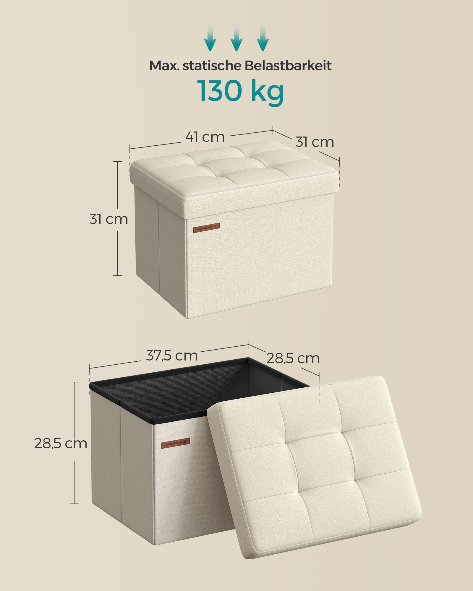 Klappbarer Sitzhocker mit Stauraum 31 x 41 cm cremeweiß