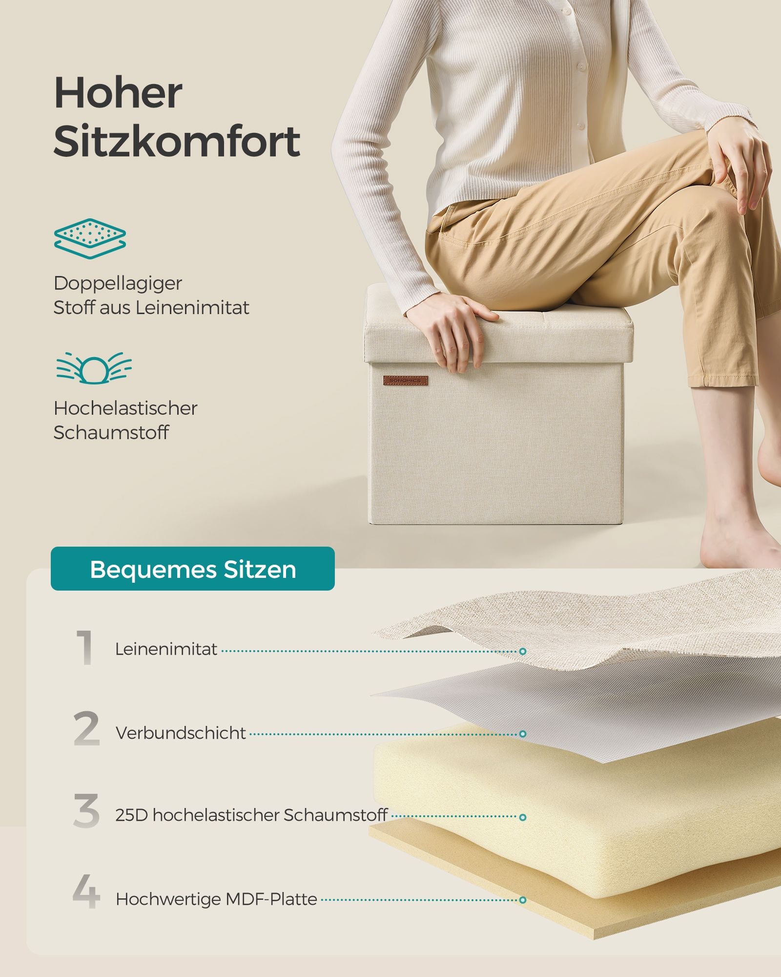 Klappbarer Sitzhocker mit Stauraum 31 x 41 cm cremeweiß