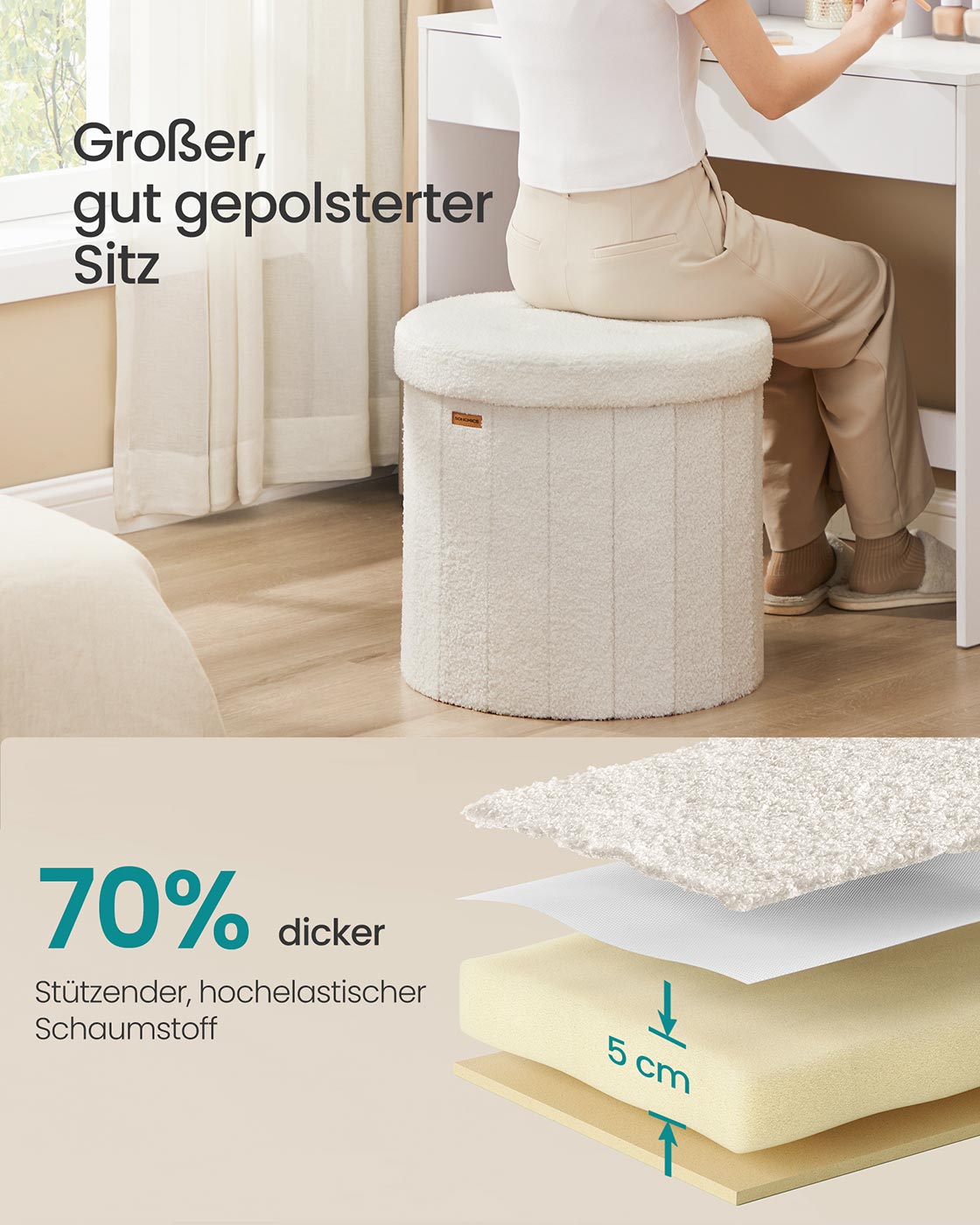 Runder Sitzhocker mit Stauraum und abnehmbarem Deckel