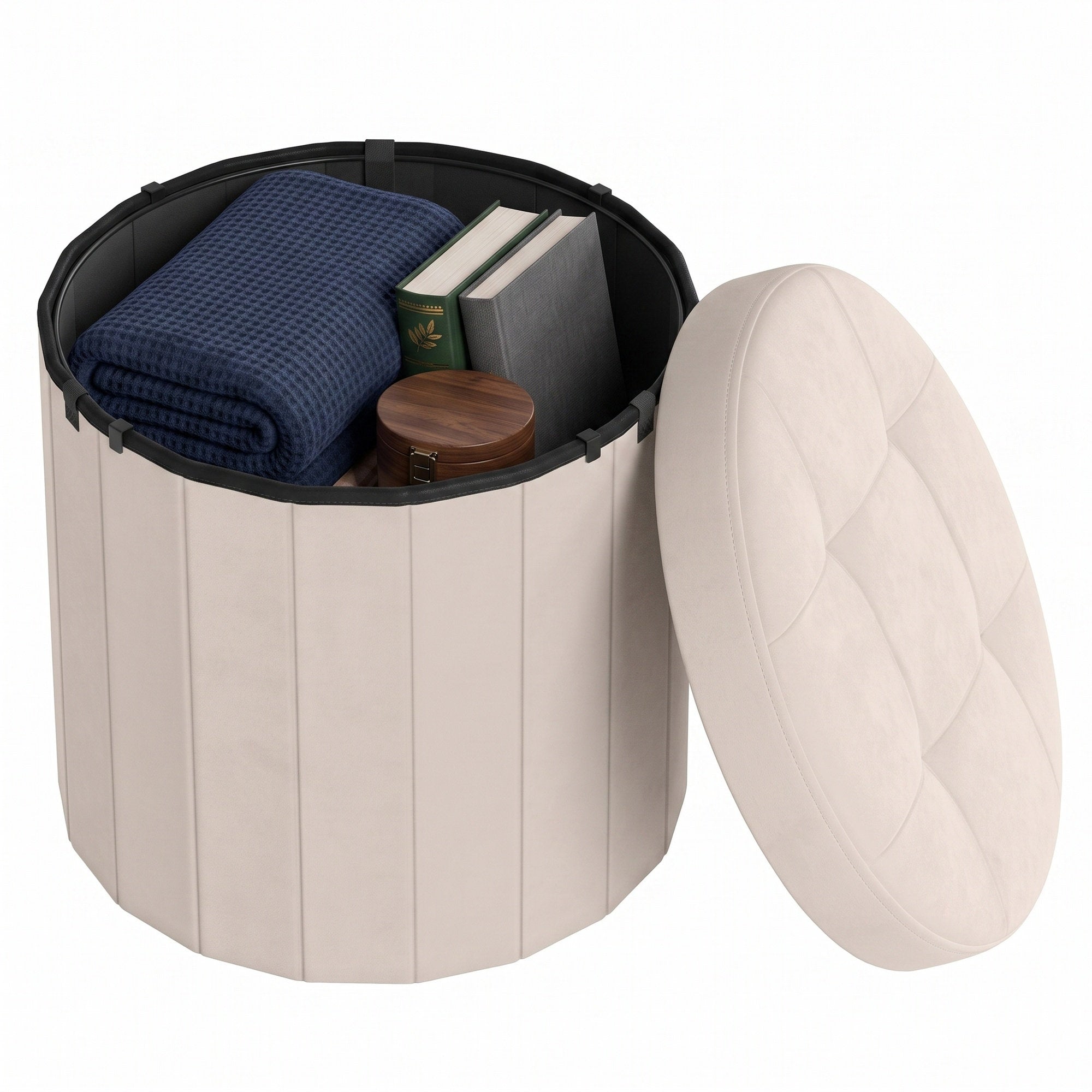 Sitzhocker rund, Fußhocker mit Stauraum, faltbarer Hocker mit abnehmbarem Deckel