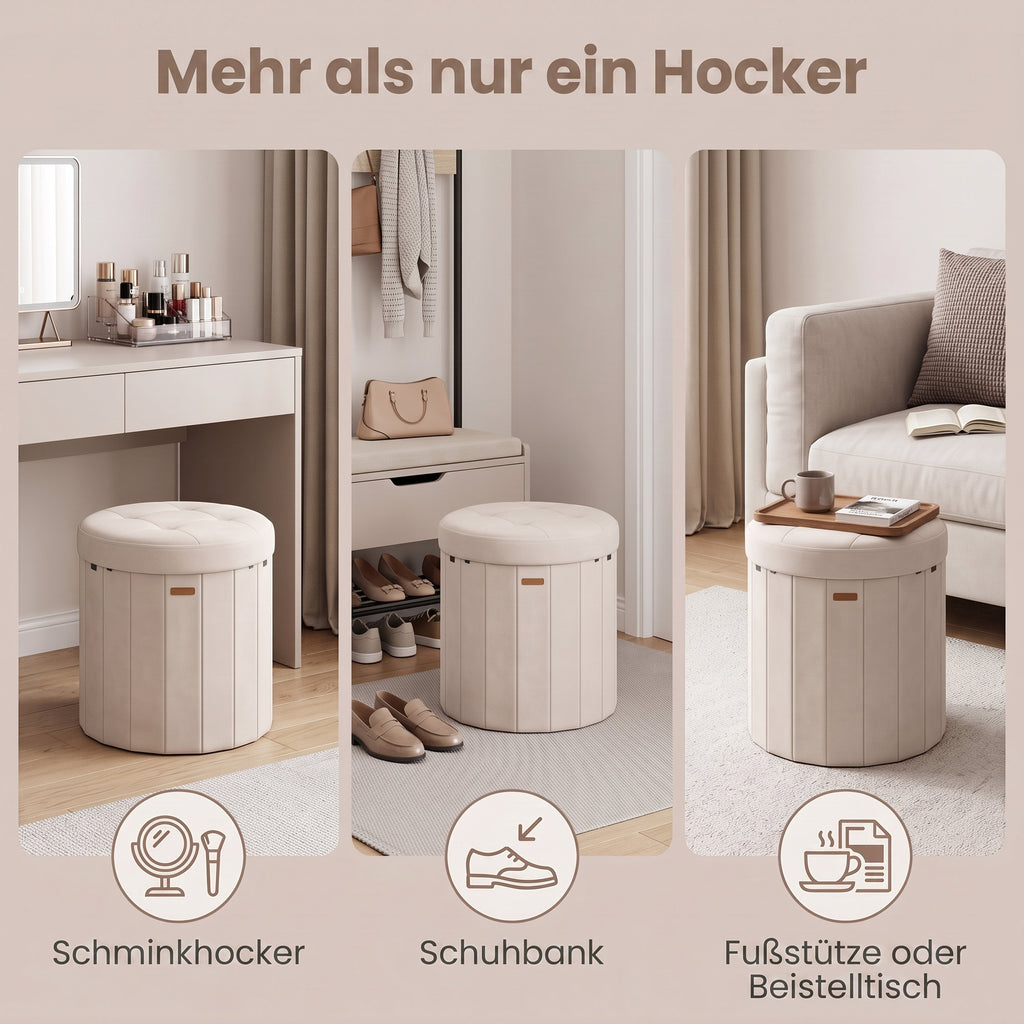 Sitzhocker rund, Fußhocker mit Stauraum, faltbarer Hocker mit abnehmbarem Deckel