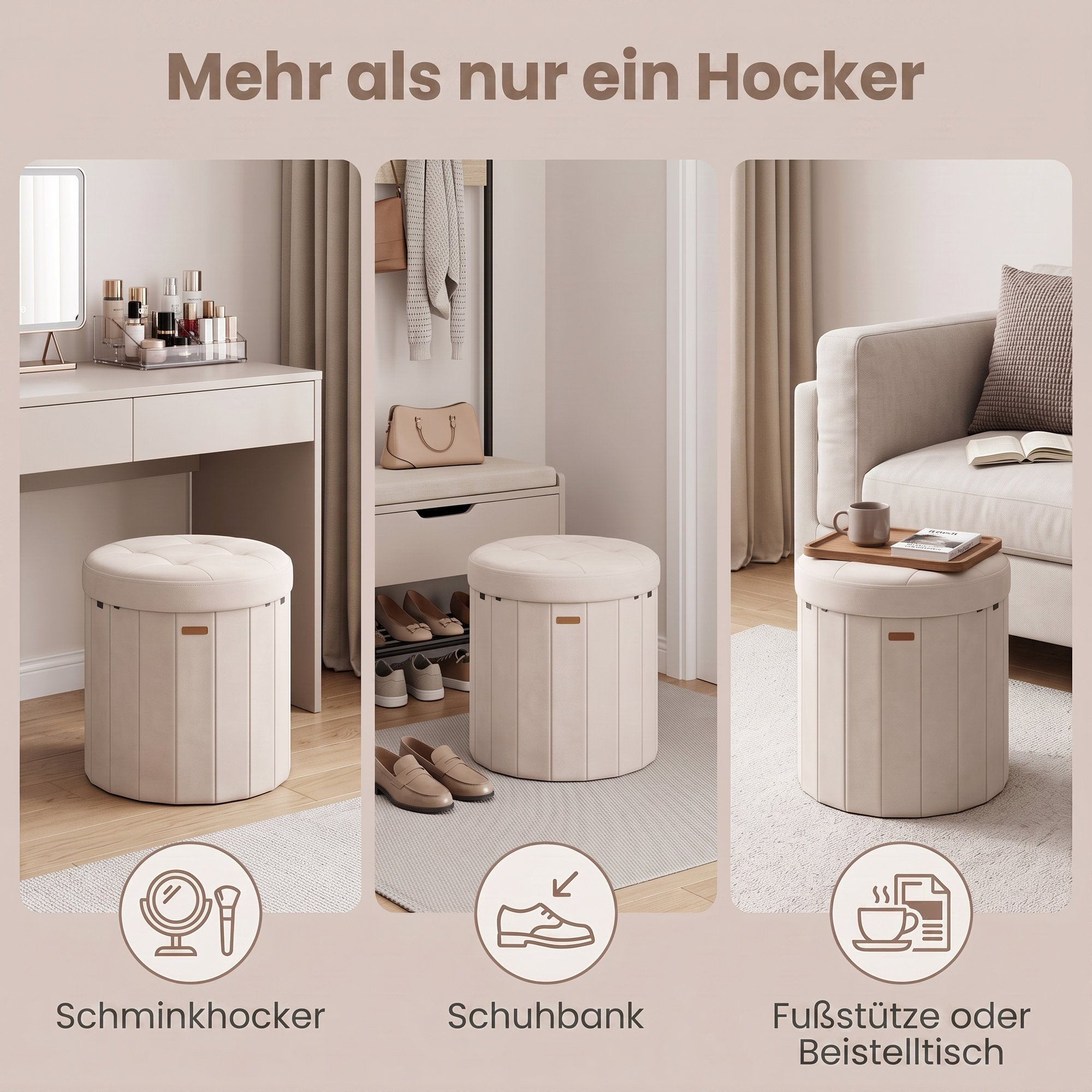 Sitzhocker rund, Fußhocker mit Stauraum, faltbarer Hocker mit abnehmbarem Deckel