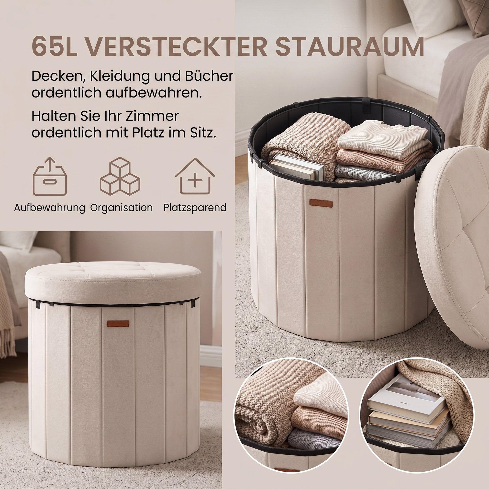 Sitzhocker rund, Fußhocker mit Stauraum, faltbarer Hocker mit abnehmbarem Deckel