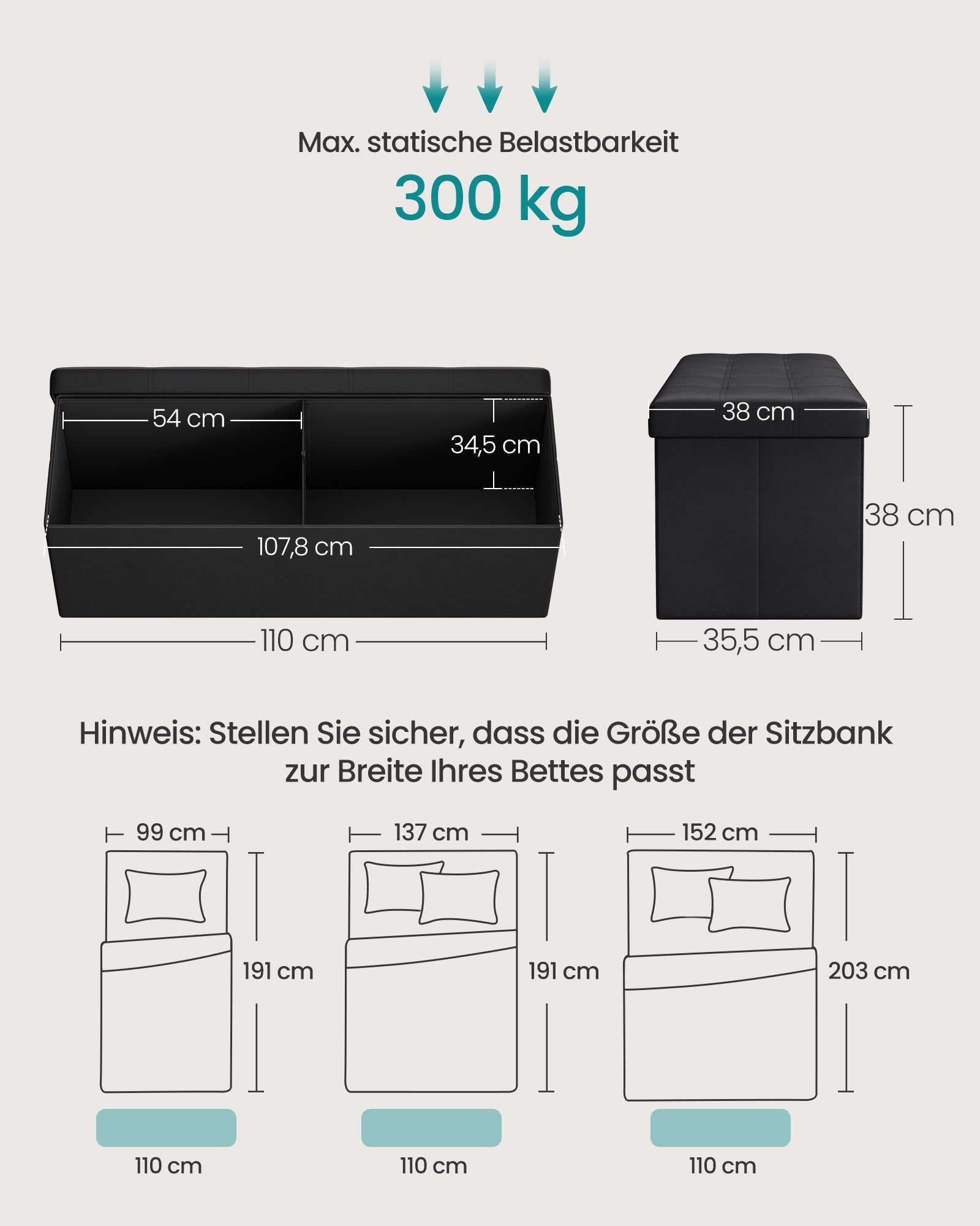 Polsterbank mit Stauraum 110 cm Schwarz